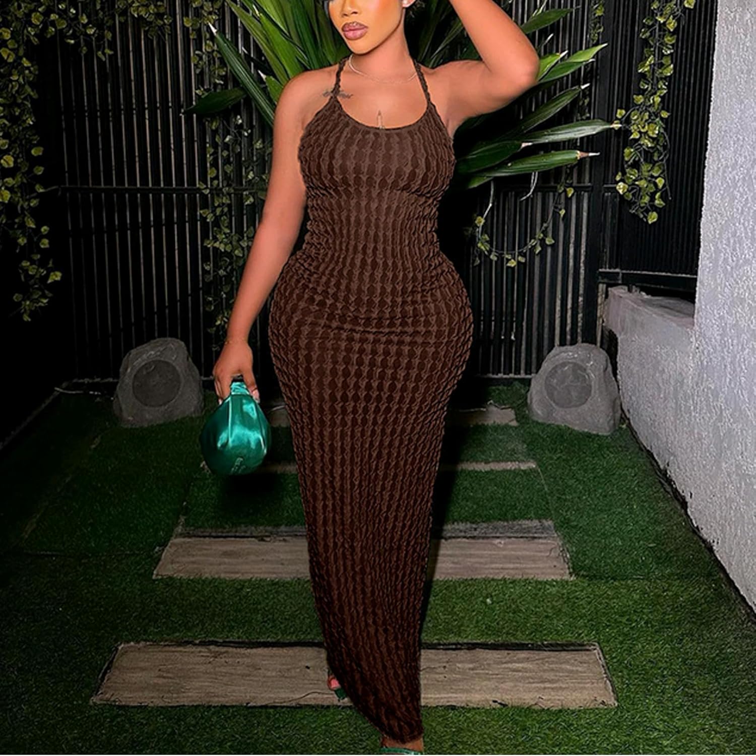 RARITYUS Women's Lace Up Bodycon Maxi Dress Sexy Low Cut Backless Sleeveless Textured Long Party Club Dresses - Image 3