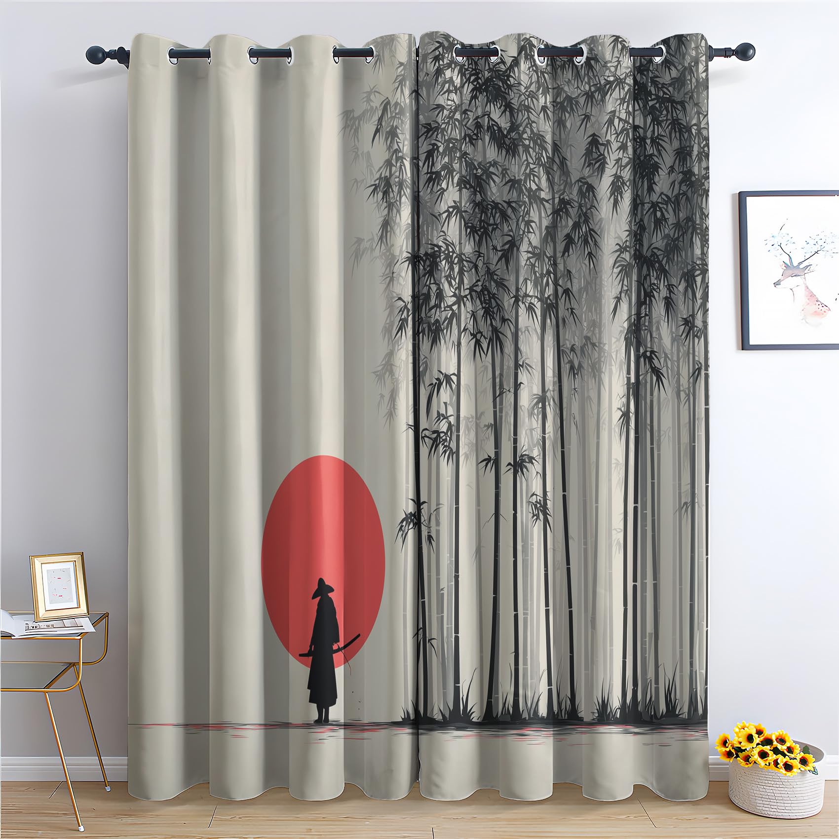 Venivici Japanese Samurai Blackout Curtains for Bedroom Living Room - 84 Inch Drop Curtains Eyelet, Asian Bamboo Patterned Window Treatments, Thermal Insulated Drapes 52x84 2 Panels