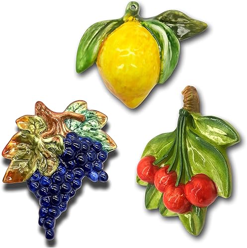 Italian Ceramic Fruits decoration for Kitchen - Hand Painted Grapes Cherries Lemon wall decor - Make your decorations with Artificial Fruits -