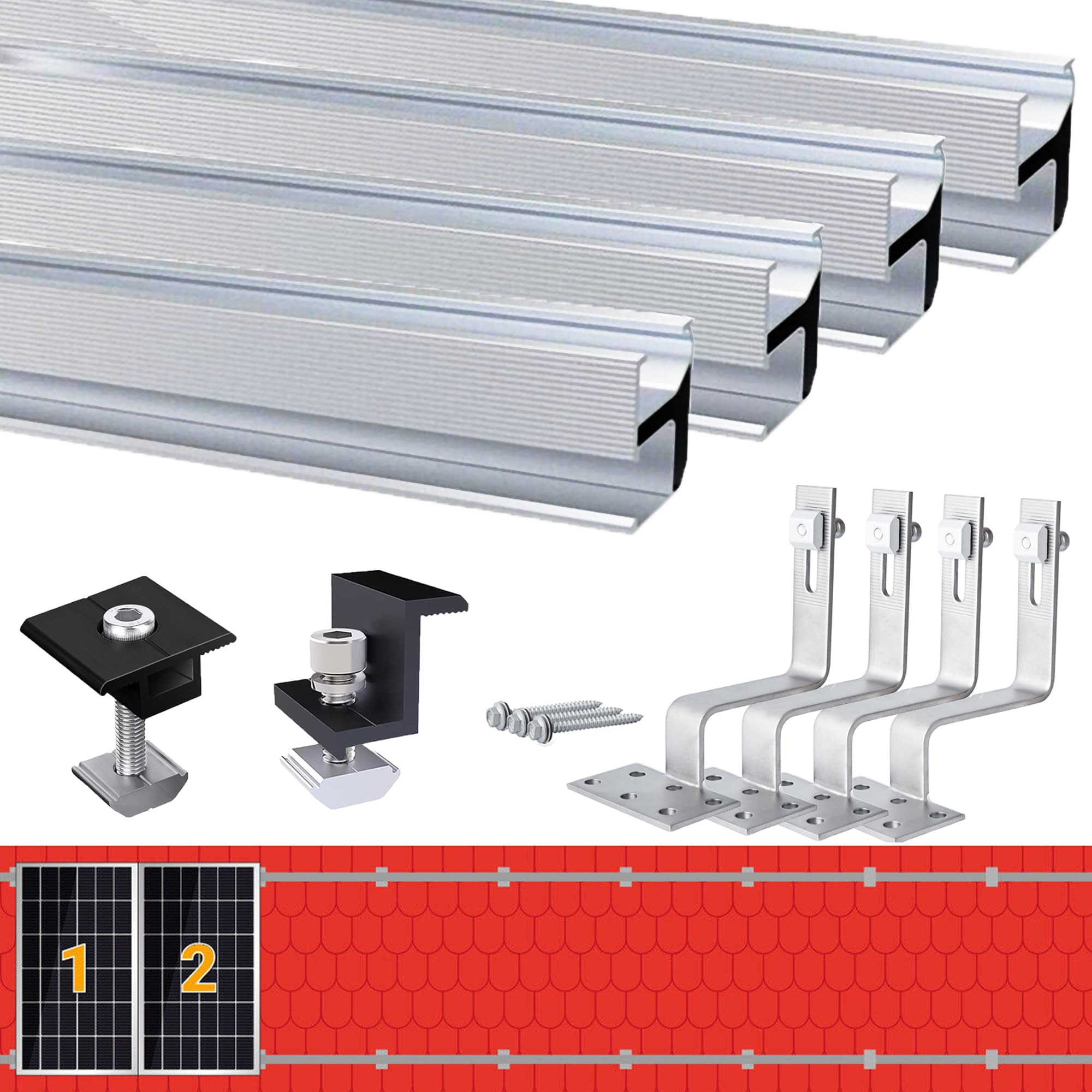 Warmfay Juego de soporte para módulo solar, riel de montaje fotovoltaico de aluminio, 1150 mm, abrazadera negra para módulos de 40 mm de grosor, ganchos para techo, módulo solar de tejas, juego de