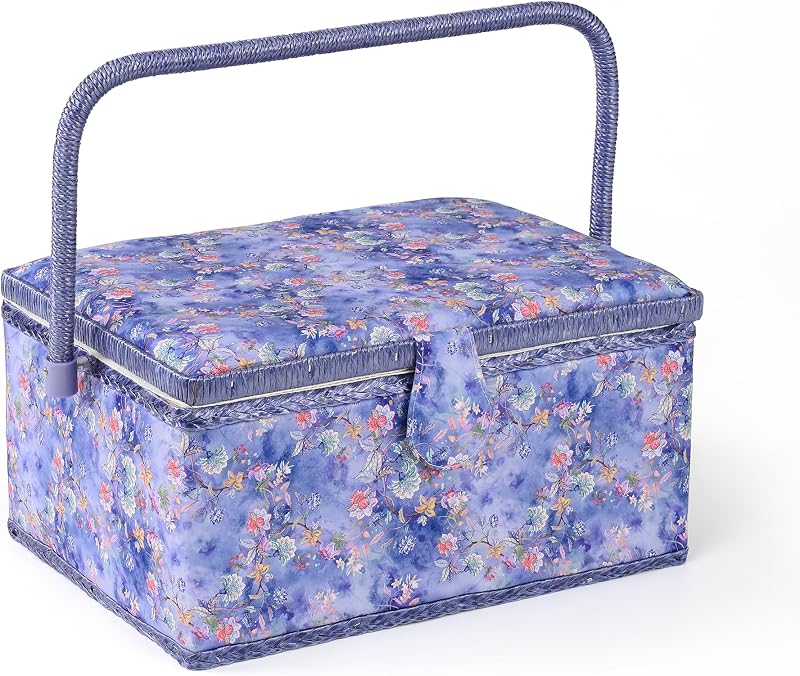 Cesta de costura con suministros de costura, caja de costura grande para almacenamiento de accesorios, flor morada