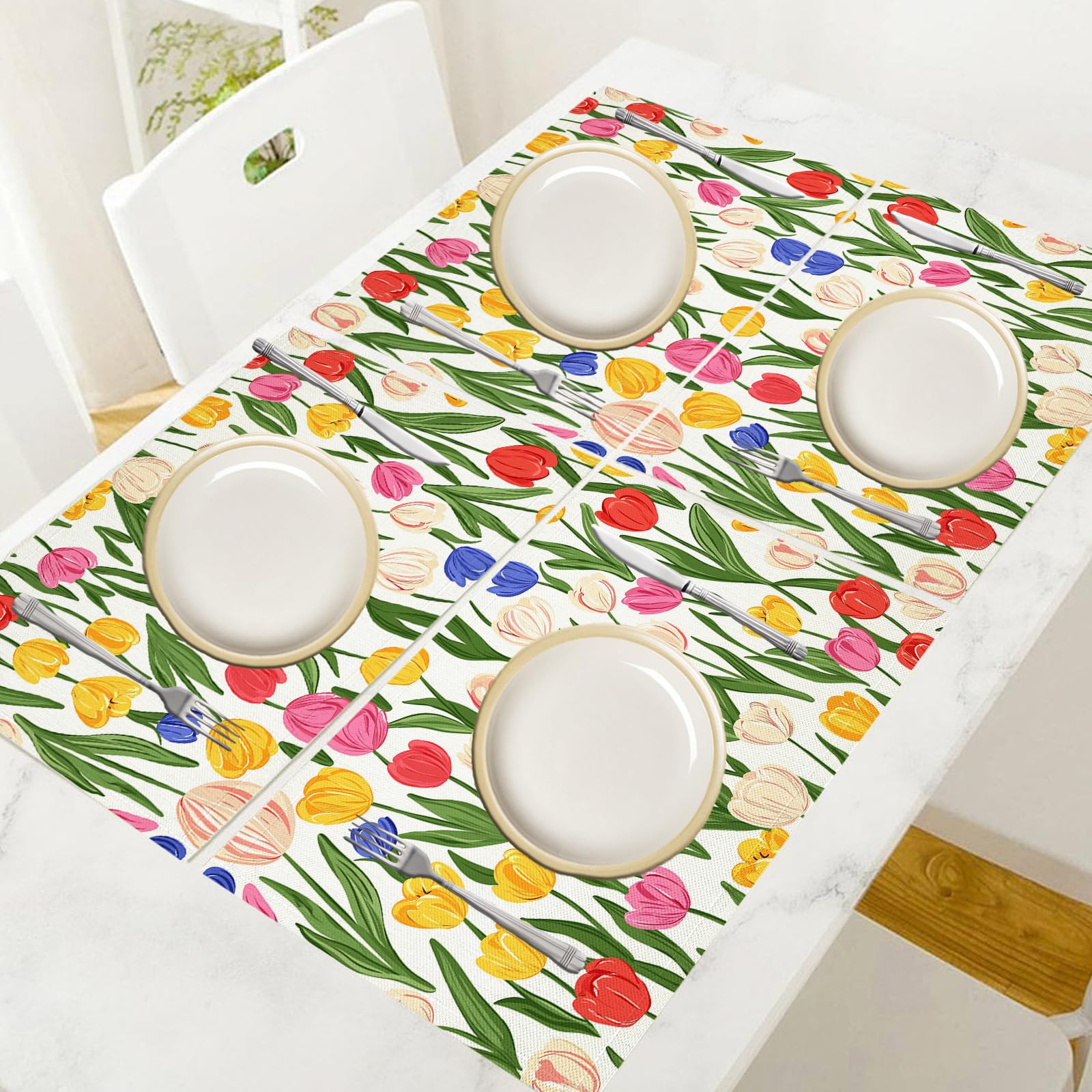 Set di 8 Tovagliette Americane Lavabili Cotone Lino Fumetto - Tovaglietta Americana Resistenti al Calore Durevole Tulipano - per Colazione Pranzo 30×45 cm