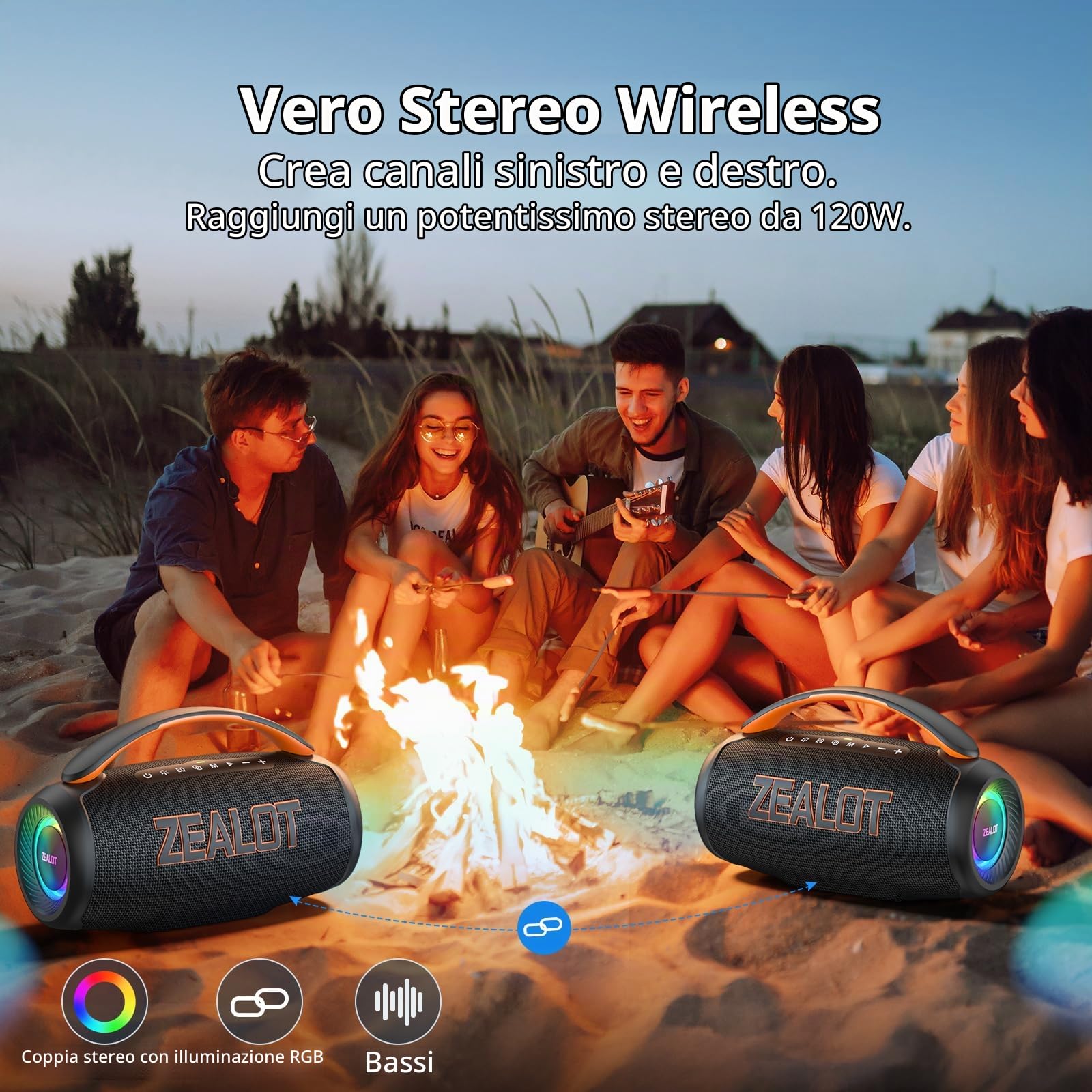 ZEALOT Altoparlante Bluetooth con Luce LED,Suono Stereo,Bluetooth 5.3,Impermeabile IPX6,funzione USB/Micro SD Card/AUX,nero