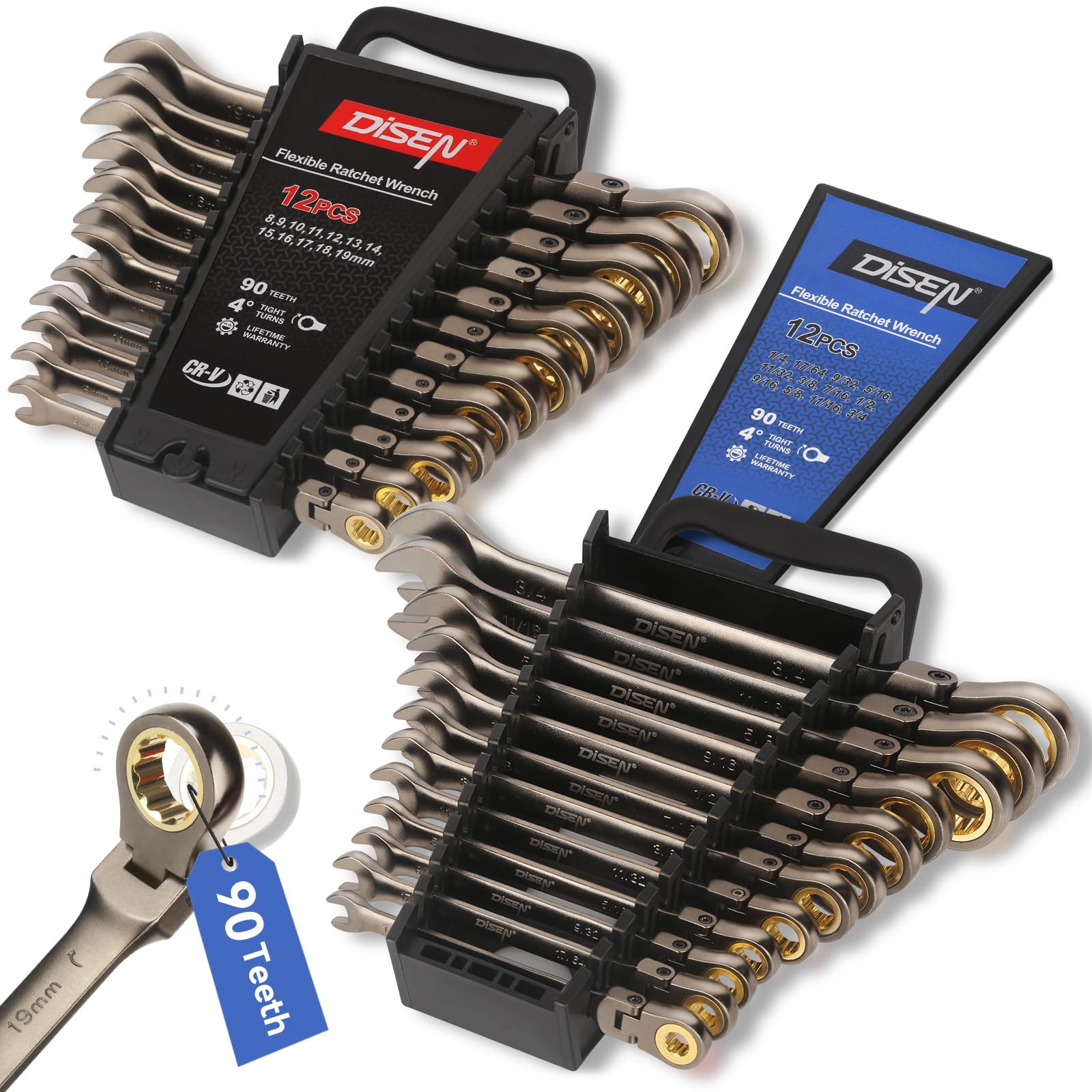 DISEN Ratcheting Wrenches Set 90 Tooth Flex-Head with Nickel Plating 24 Pcs