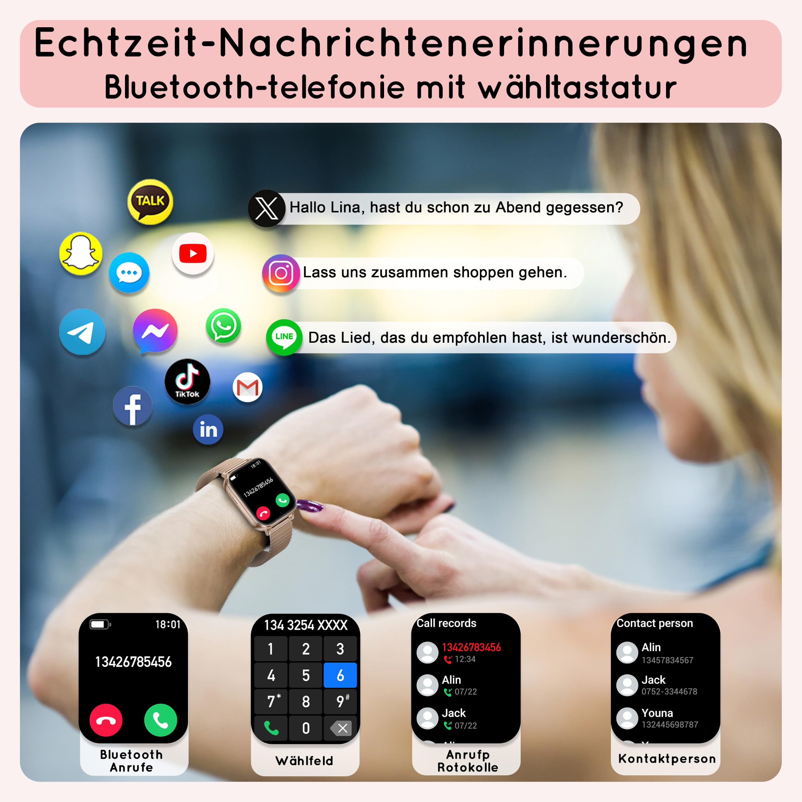 Smartwatch Damen mit Telefonfunktion 1,85" 30+ Tage Autarkiezeit Fitnessuhr Herzfrequenz SpO2 Schlaf Monitor 120+ Sportmodi 1000mAh iOS Android Roségold