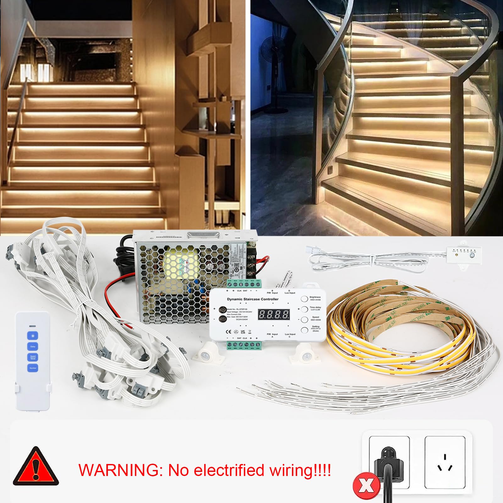 LED Treppenstufenbeleuchtung, DC 12V-24V 16 Schritte RL-STEP-09 Upgrade LED Bewegungsmelder Nacht PIR Fernbedienung Treppenlicht Set mit Netzteil und Lichtleiste und Fernbedienung (2700K)