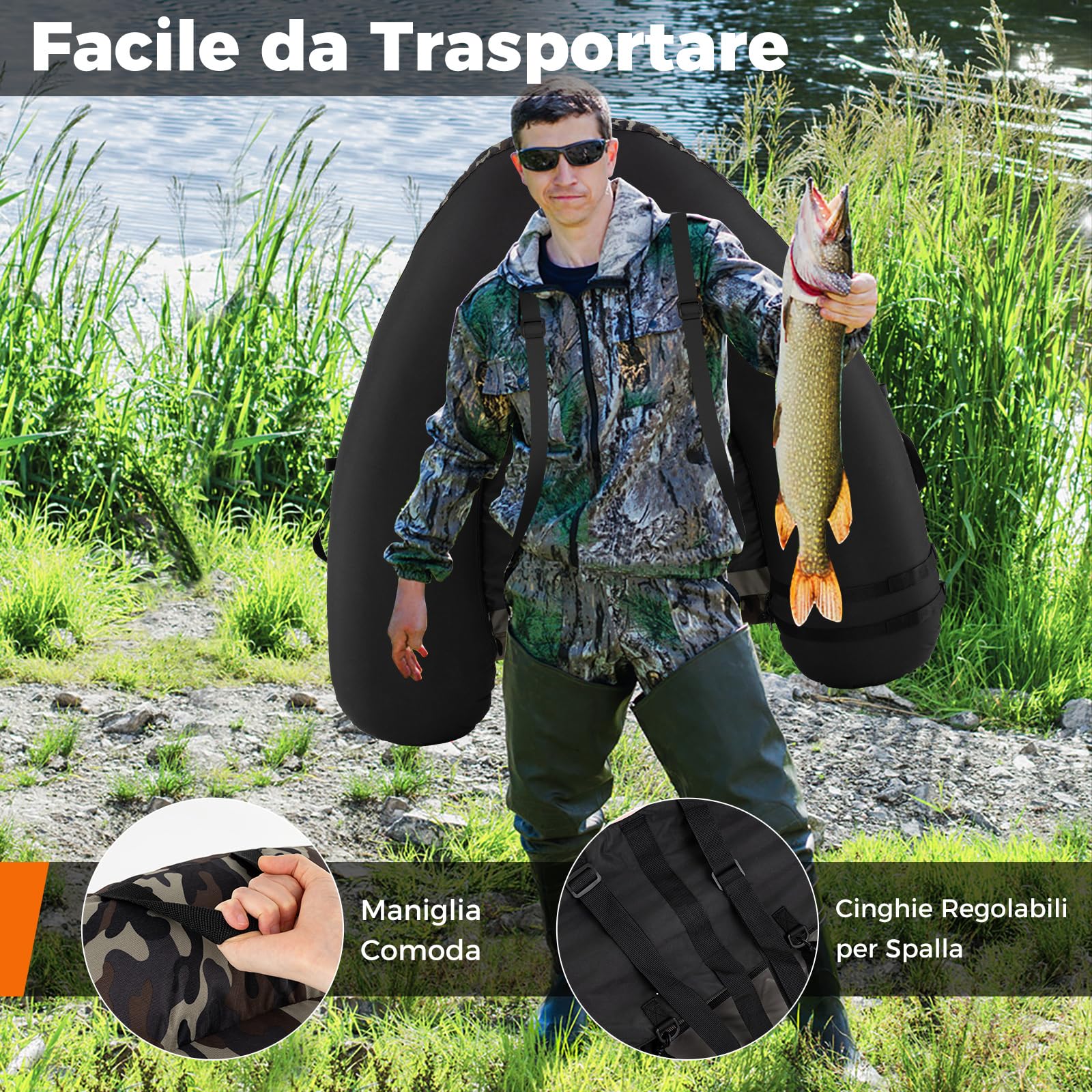 COSTWAY Galleggiante da Pesca Gonfiabile, Barca da Pesca Portatile con Spallacci, Pompa Manuale, Remi, Pinne, Supporto per Canna da Pesca, Righello per Pesci e Spazi di Stoccaggio, Portata 150 kg