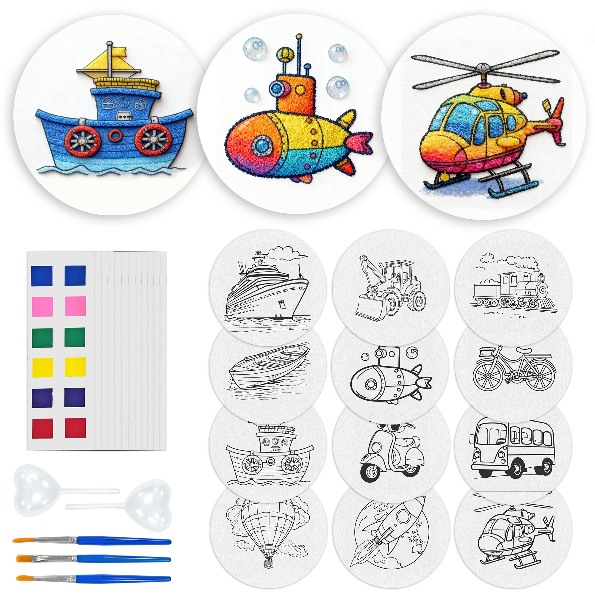 Reofrey 24Pcs Magic Puffy Paint Kits - 12 Patterns 3D Foam Texture Painting Kit with 3 Painting Pens, 2 Droppers, 12 Acrylic Paint Cards, Drawing Magic Canvas Sponge - DIY Handmade Gift (Transport)