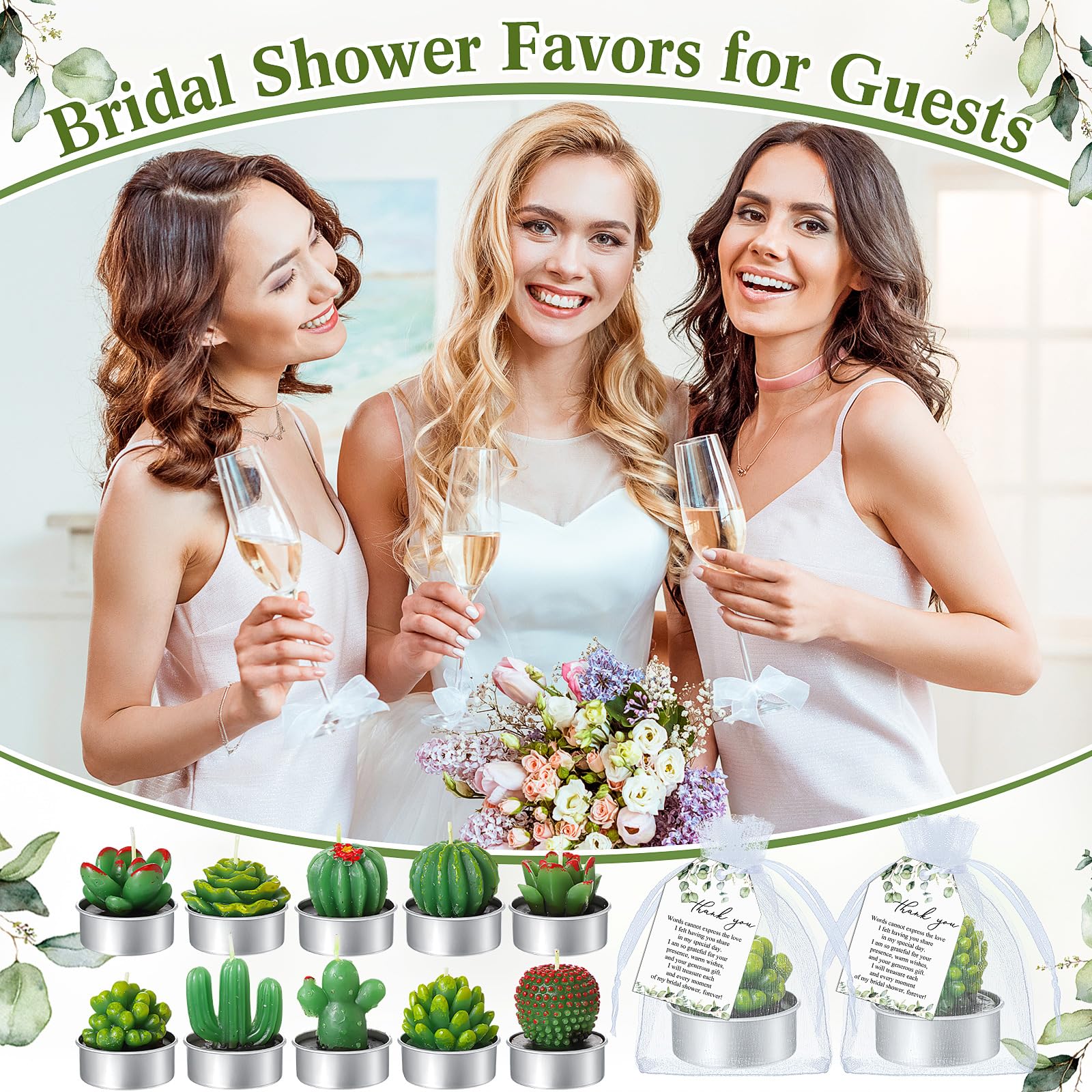 MTLEE 30 Sets Brautparty-Geschenke für Gäste, inklusive 30 Kaktus-Kerzen, Sukkulentenkerzen, Pflanzen-Teelichter, 30 grüne Dankesanhänger, 30 Organza-Beutel, Brautparty-Geschenke, Hochzeitsgeschenke