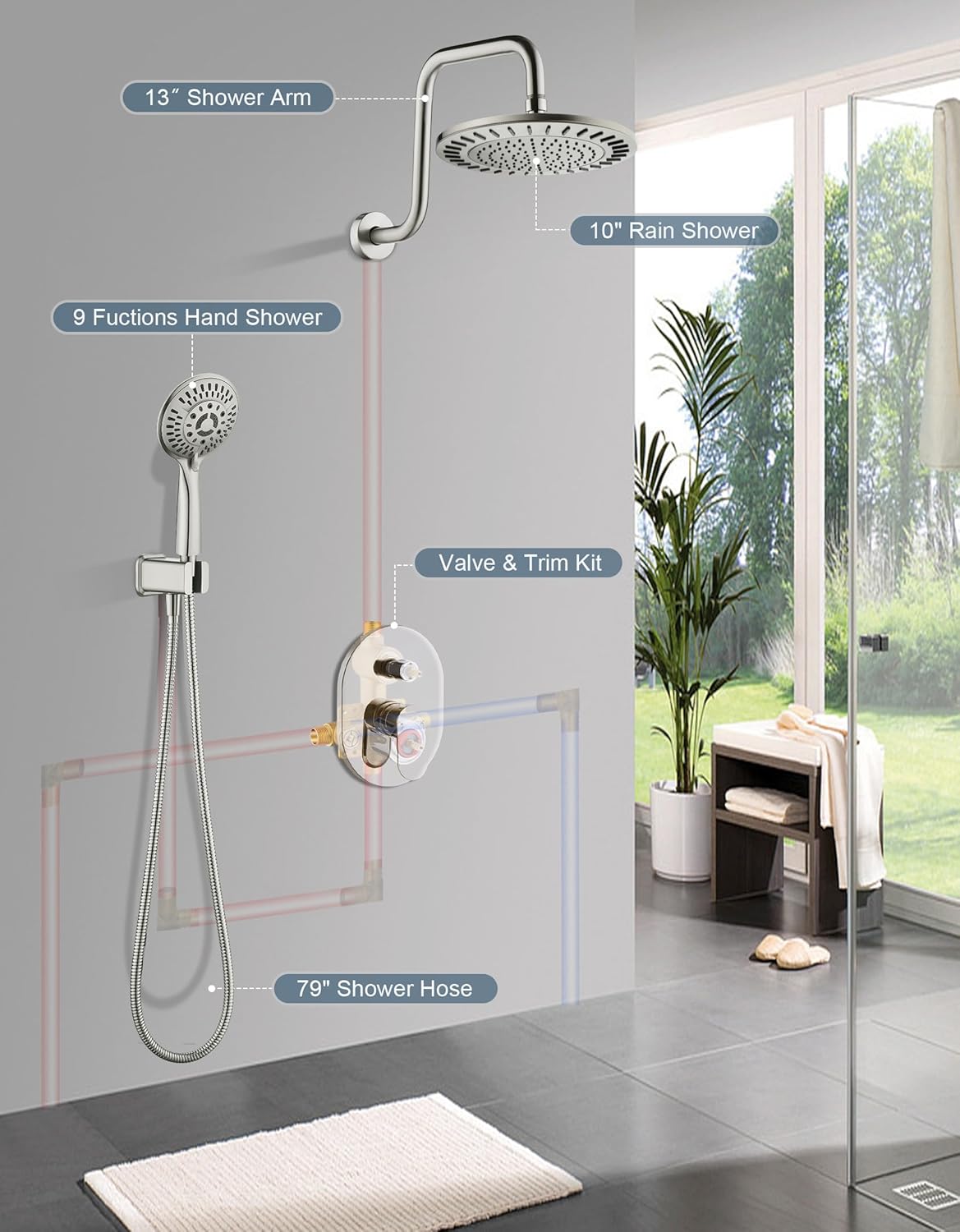 BRIGHT SHOWERS Shower Faucet Set, Shower System with Shower Valve Trim Kit, Double Handle Shower Fixture Rainfall Shower Head and 9-Setting Handheld Spray Combo, Valve Included, Brushed Nickel