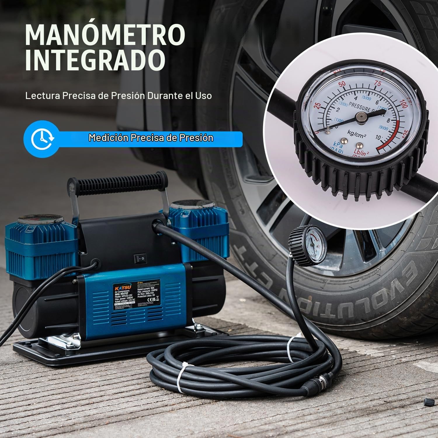 KATSU Tools Profesional Inflador de Neumáticos de Coche con Doble Pistón, 150 PSI 12V 90Amp Portátil Gran Volumen Compresor de Aire Bomba de Neumáticos para 4WD Auto Van Camiones Inflables