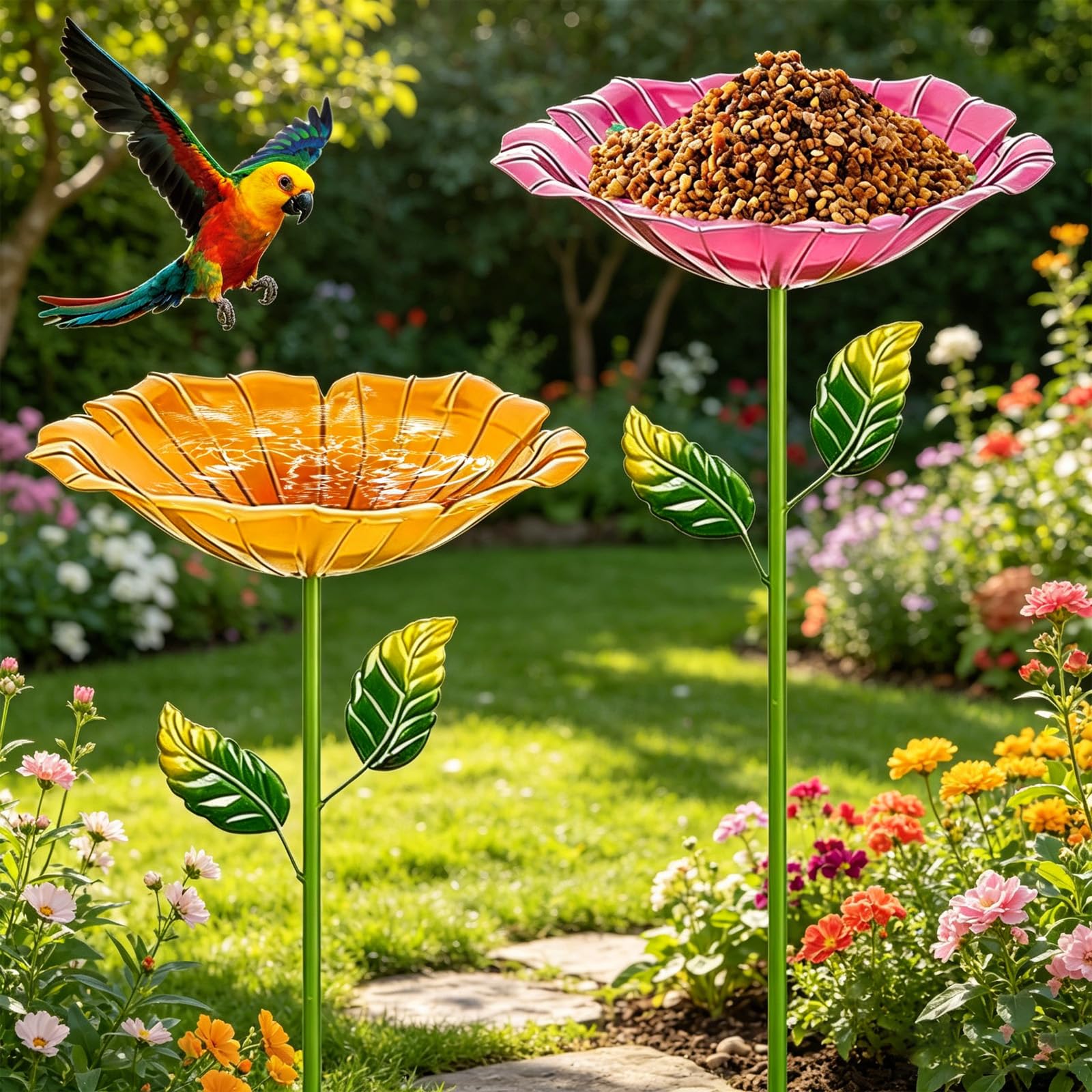 Bain d'Oiseaux 2 Pièces Abreuvoir Oiseaux Exterieur sur Pied Mangeoires pour Oiseaux Bassin Jardin