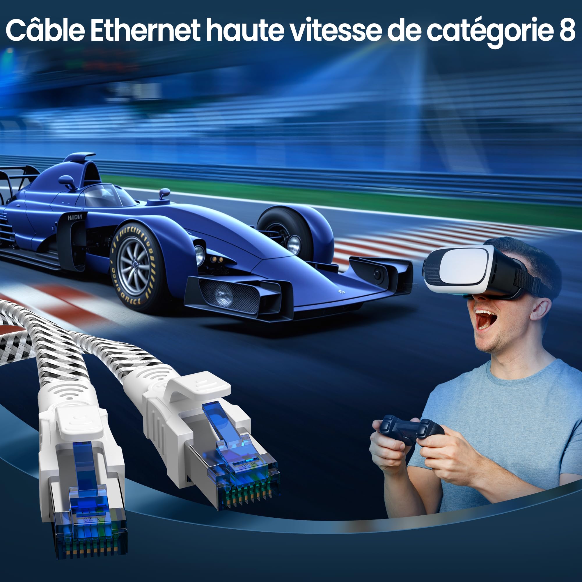 Digoloan Câble Ethernet réseau Cat 8 RJ45 20m Câble Internet Plat en Nylon 40Gbps 2000MHz Cordons de raccordement Gigabit blindés haute vitesse