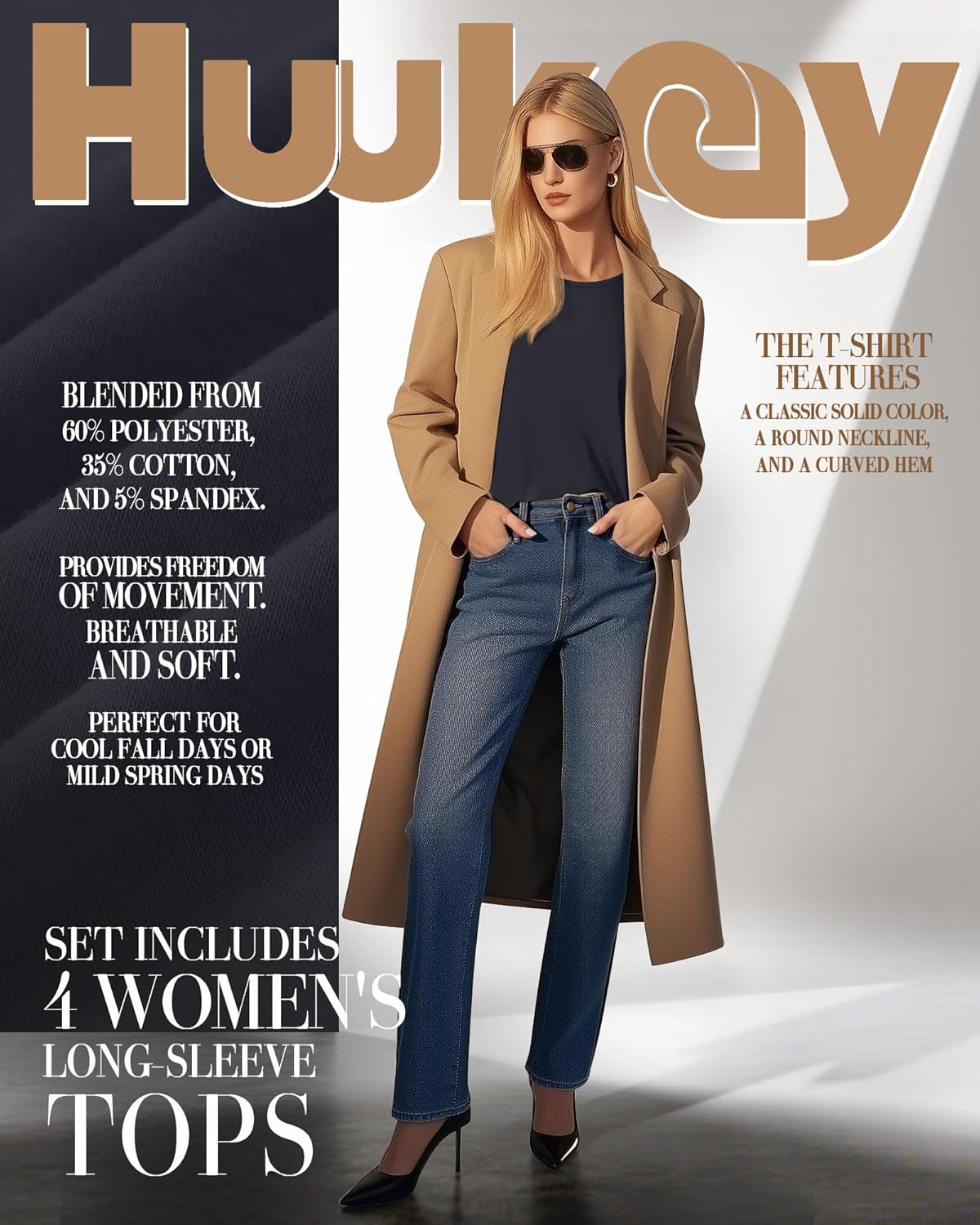 Huukeay 4 Pack Womens Long Sleeve Shirts Loose Fit Tunic Tops Crew Neck Curved Hem Basic Casual Layering Shirts - Image 2