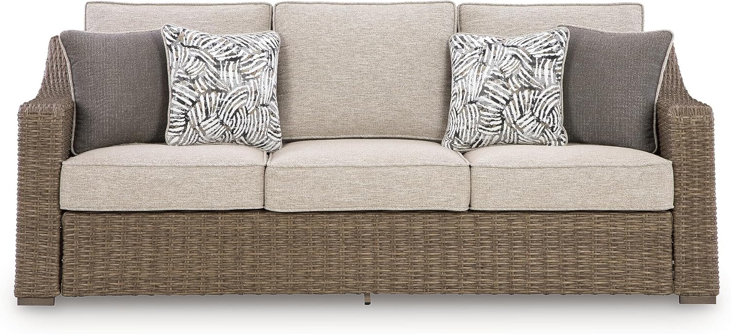 Signature Design by Ashley Carmel Bay Casual Outdoor Sofa with Cushion, Weather Resistance and Armrest, Beige & Dark Brown