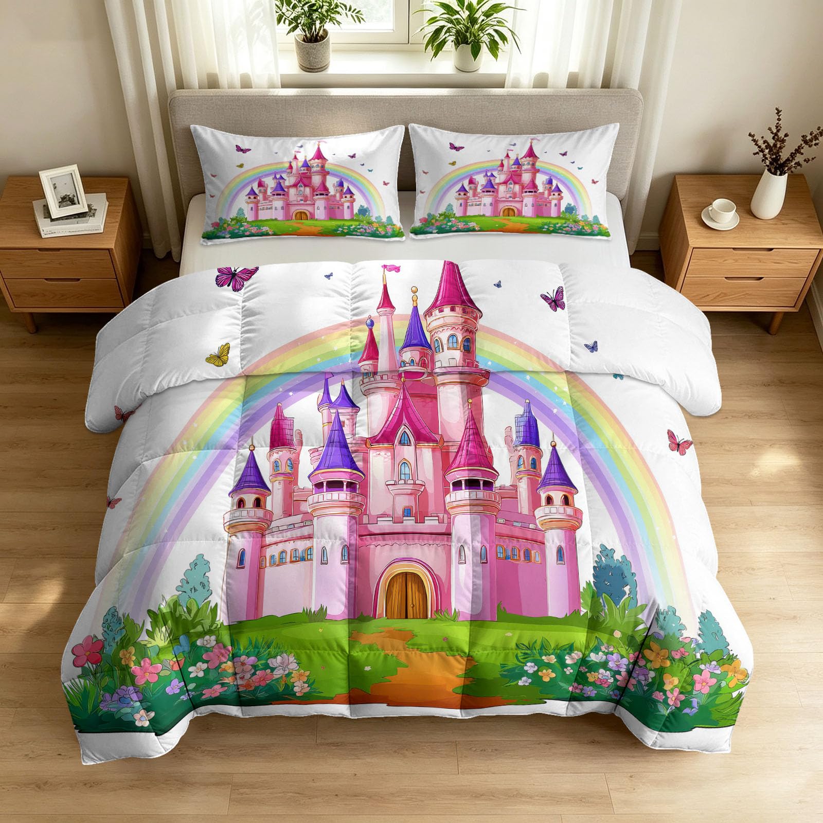 Edredón de 140 x 200 cm, diseño de castillo de arco iris, con mariposas, 1 persona, lavable, 4 estaciones, dibujos animados, suave e hipoalergénico, reversible sin fundas, con 2 fundas de almohada de