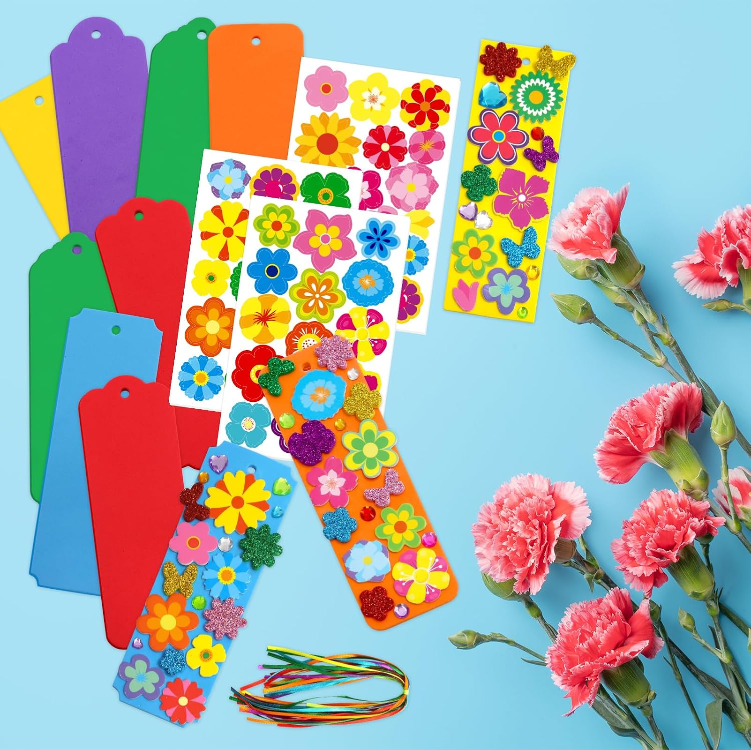 Fancy Land Flower Craft Kits Spring Summer Crafts DIY Flower Bookmarks Make Your Own Bookmark with Floral Foam Stickers for Kids Students Art Projects Camping Activities Party Favors 24 Sets