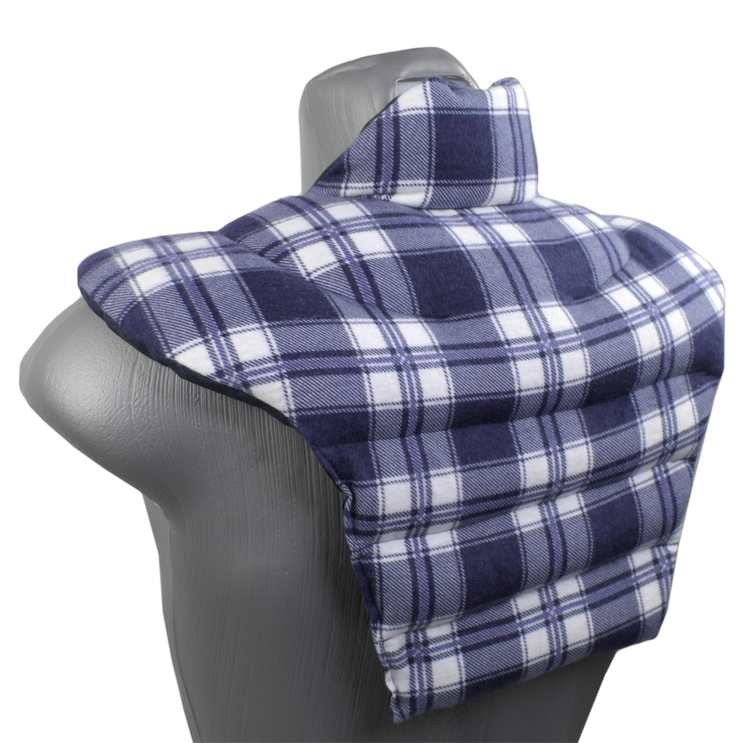 Tour de cou pour vertèbres cerivicales avec col montant et partie dorsale - écossais bleu flanelle - Coussin thermique 2 en 1 untilisable à chaud ou à froid - grains d'épeautre