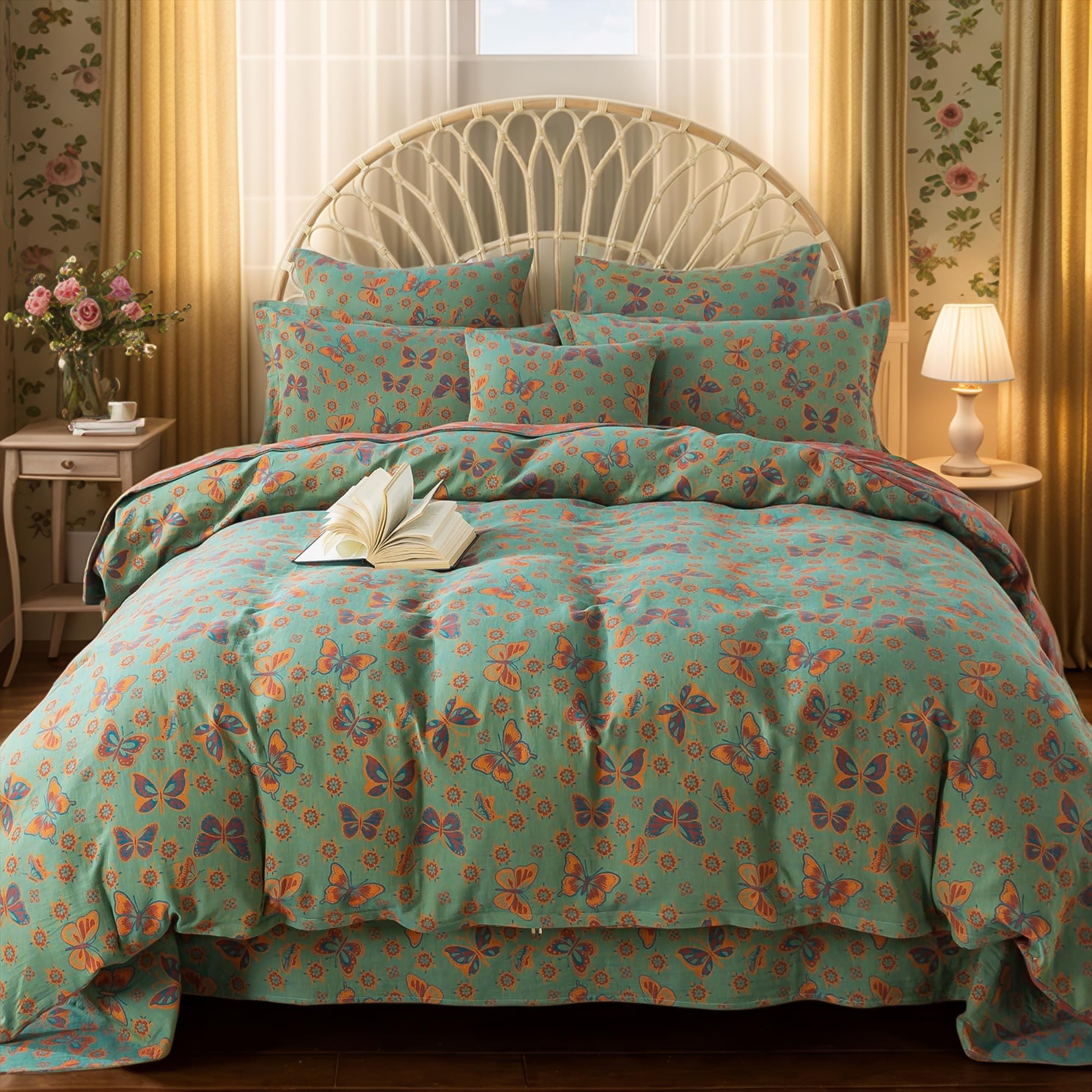 FADFAY Shabby Butterfly Duvet Cover Queen Vintage Farmhouse Green Red Floral Bedding Super Soft Washed Double -Layer Muslin 100% Cotton Comforter