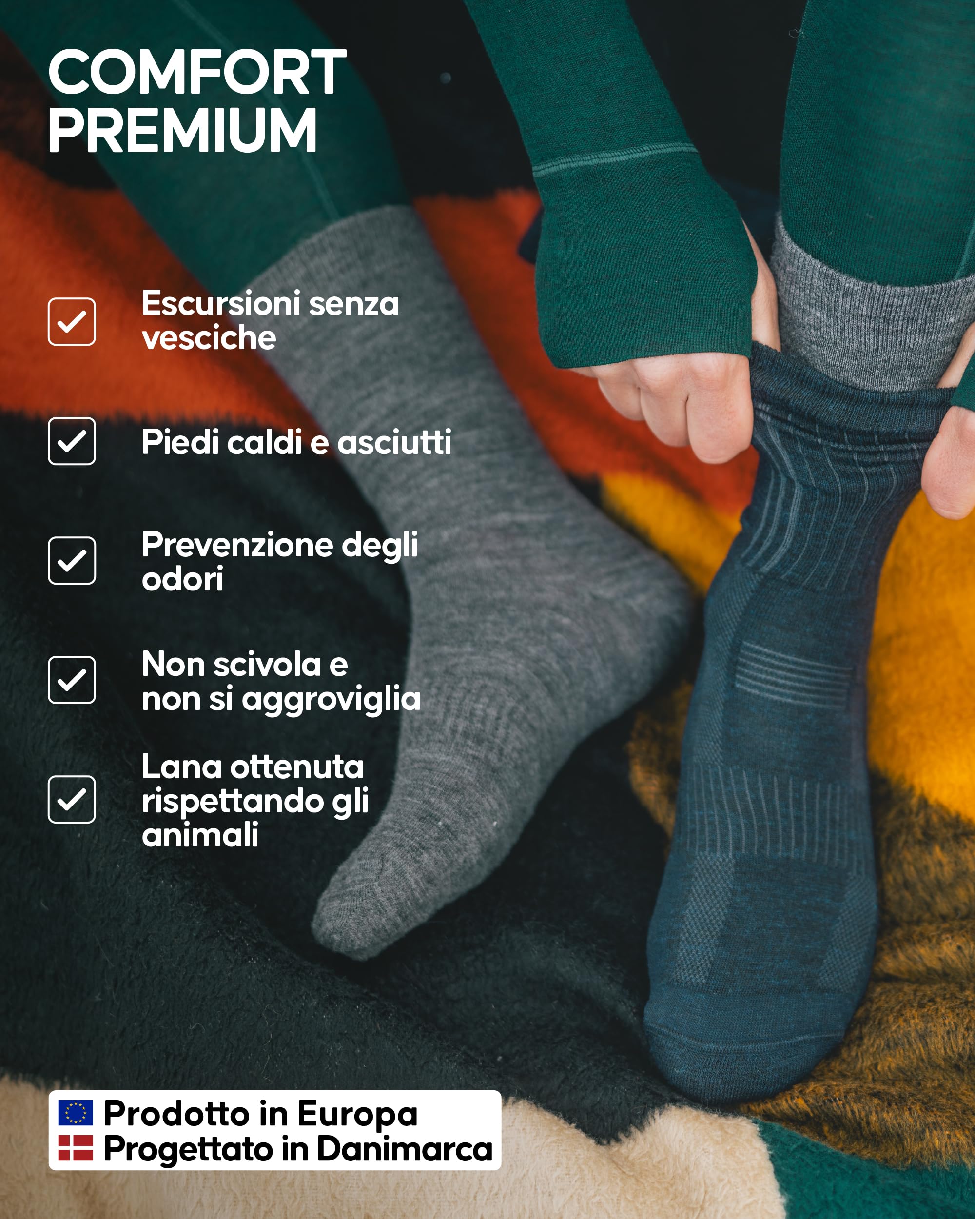 DANISH ENDURANCE Calze Sci e Trekking Lana Merino Uomo Donna, Calze Termiche Uomo, Sotto Calze Traspiranti Ideali per Sport Invernali, 2 Paia