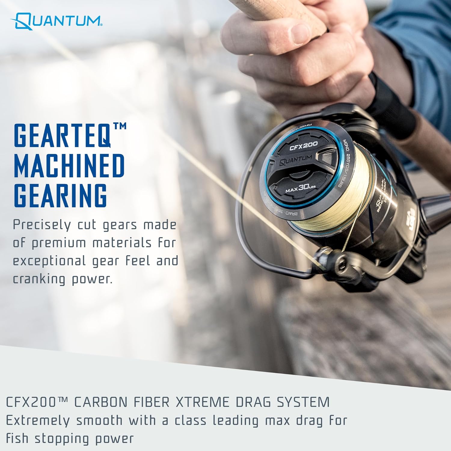Quantum Benchmark Spinning Fishing Reel, 5+1 Bearings, Aluminum Frame, SEALOQ 6 Protection, GEARTEQ Machined Gears, CFX200 Carbon Fiber Drag, Silver/Blue