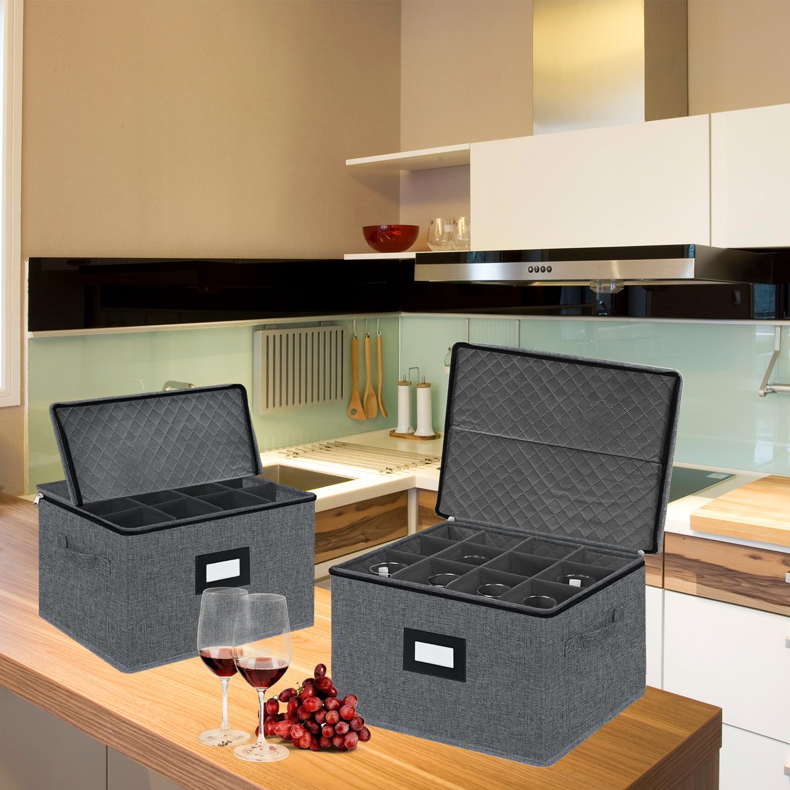 2 Stück Aufbewahrungsbox für Weingläser, Bewegen Gläserhalterung für Weingläser Faltbox mit Trennwänden Gläser Aufbewahrung für 24 Kristallglaswaren Kristallglasware( 44*33*25cm,Dunkelgrau)