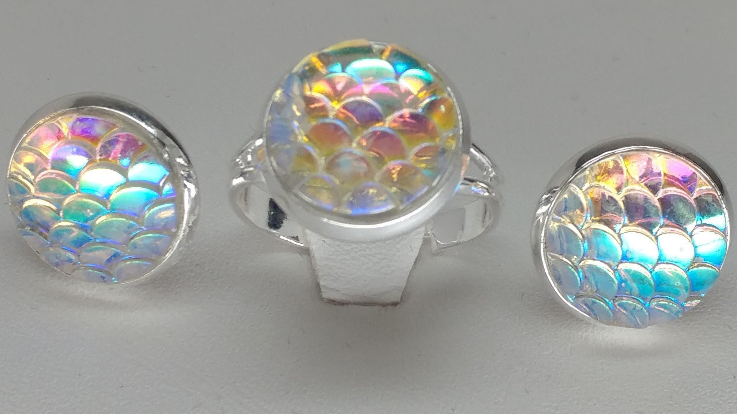 Light Rainbow Mermaid Scale Jewelry Stud Earrings & Adjustable Ring 12mm