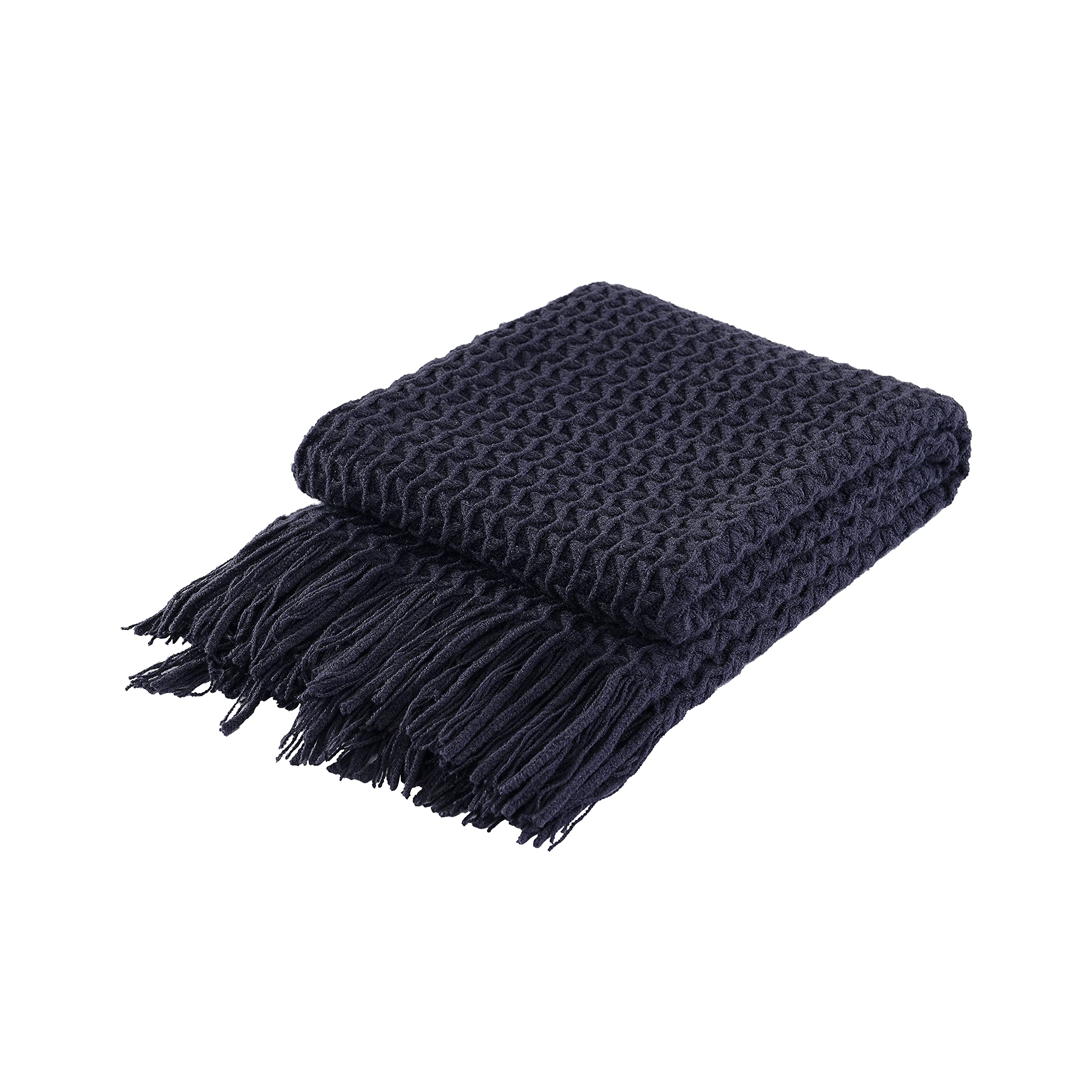 Coastline Navy Super Soft Decorative Knit Throw Blanket For Sofa Couch Chair Bed, Lightweight Travel Blanket Nap Throw, Cashmere-Like Soft And Cozy, Delicate Weave Pattern With Fring,127X152cm
