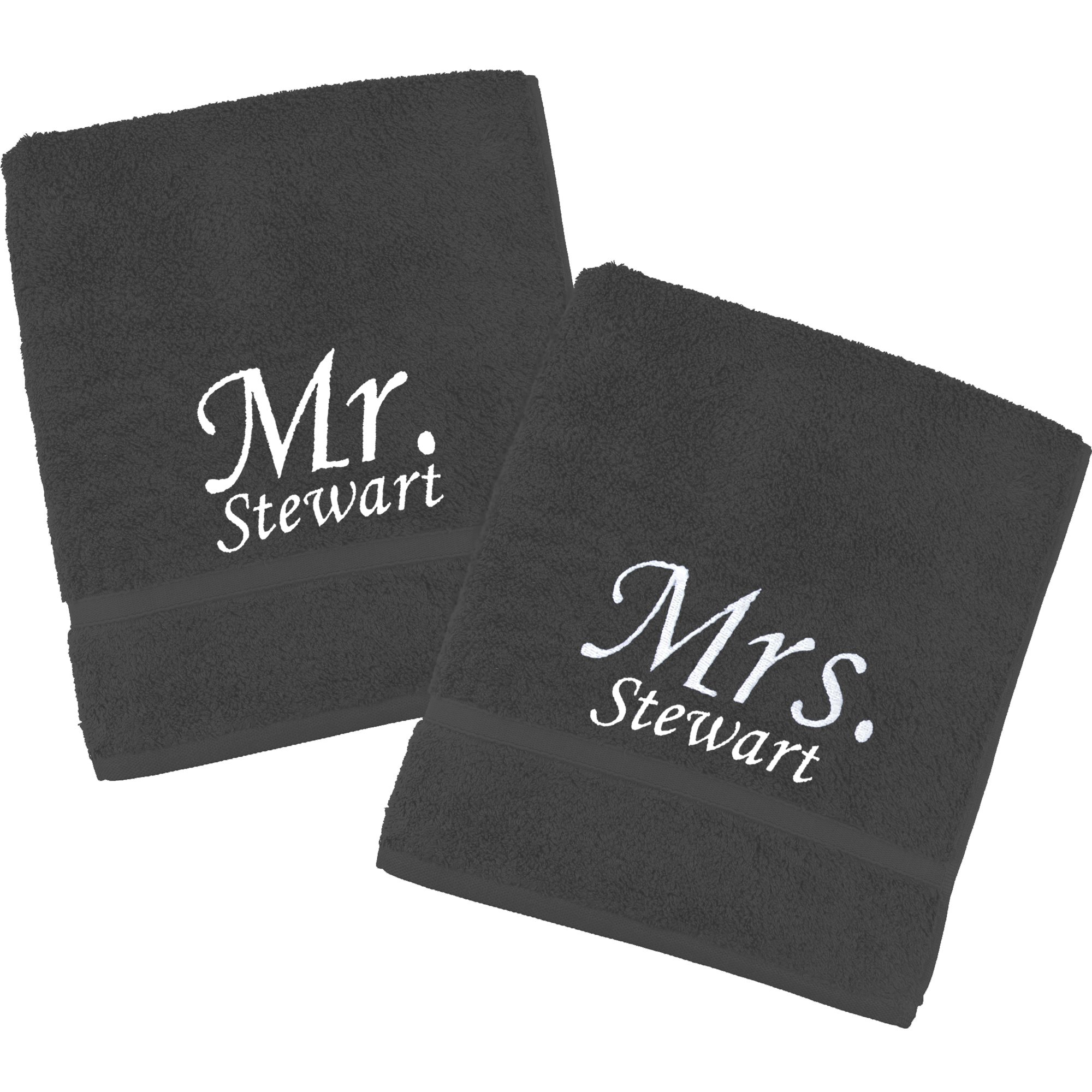 TeddyT's Personalised Mr & Mrs Embroidered Towels Gift Set (Pitch Black with White, Hand Towel (80x50cm))