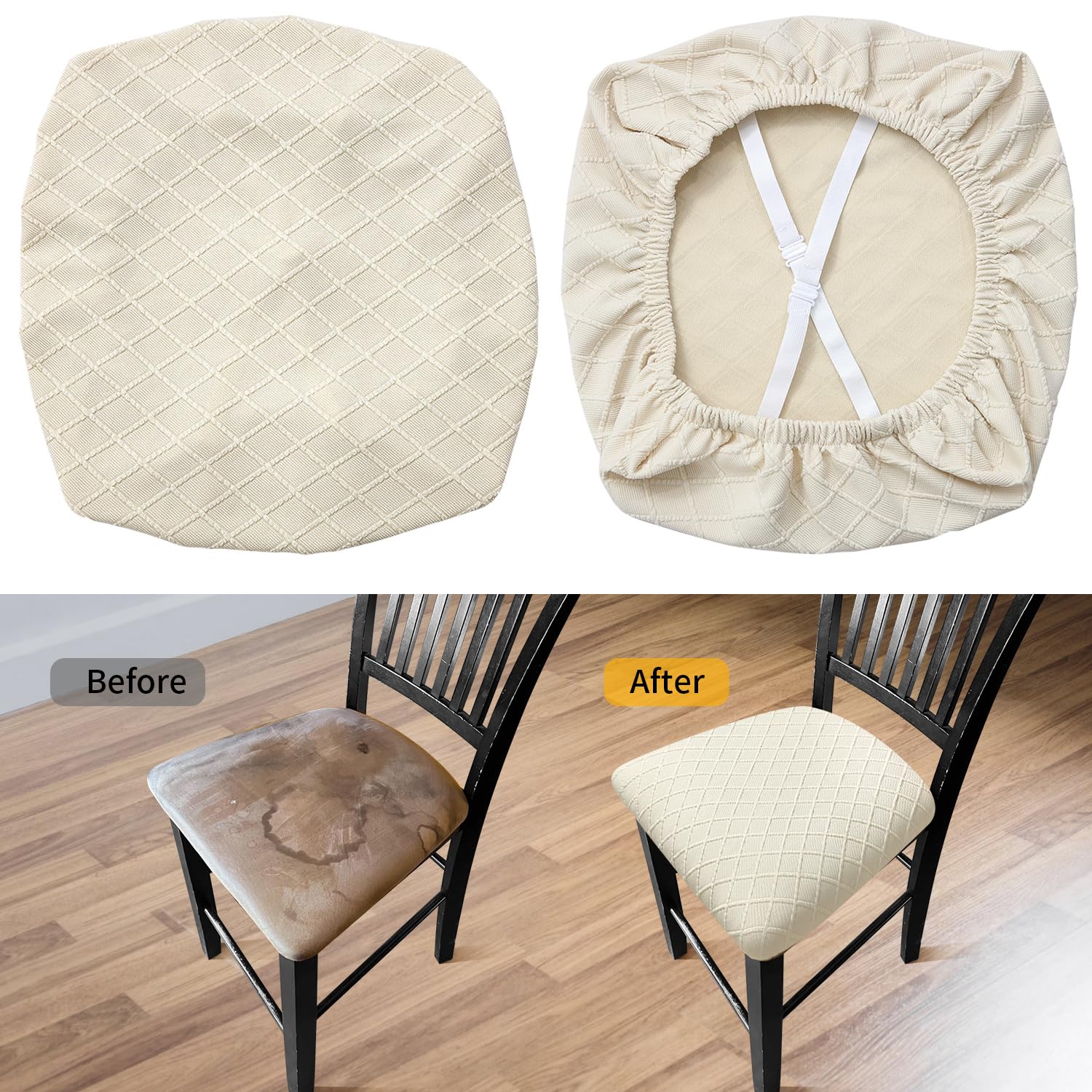 Fundas elásticas para asiento de silla de comedor, fundas de asiento extraíbles y lavables para asiento de cocina, fundas de cojín protectoras (4, beige) 6