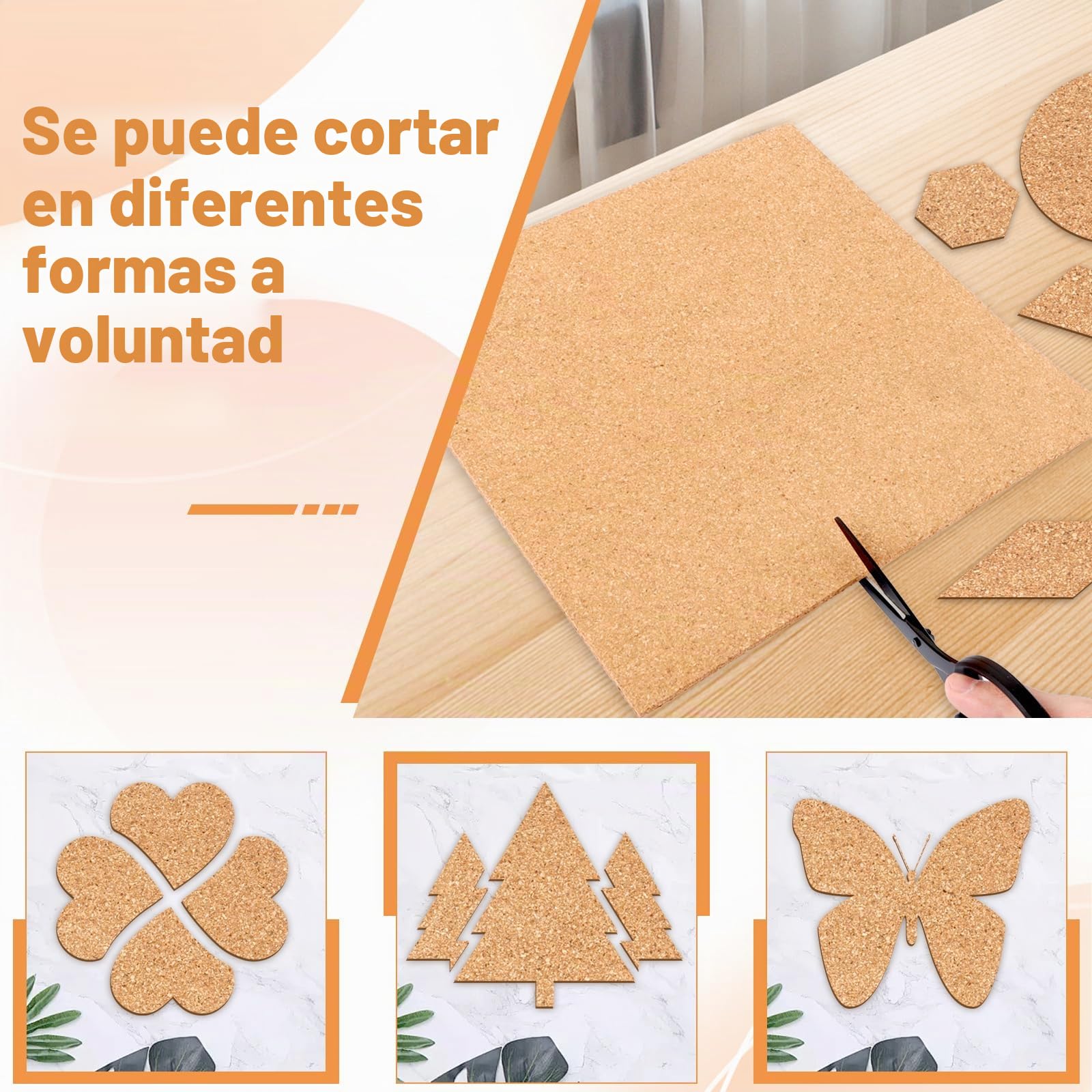 Tablero Corcho sin Adhesivo 30x30 cm, 20 Piezas Autoadhesivo Pared con 60 Chinchetas para Fotos Notas