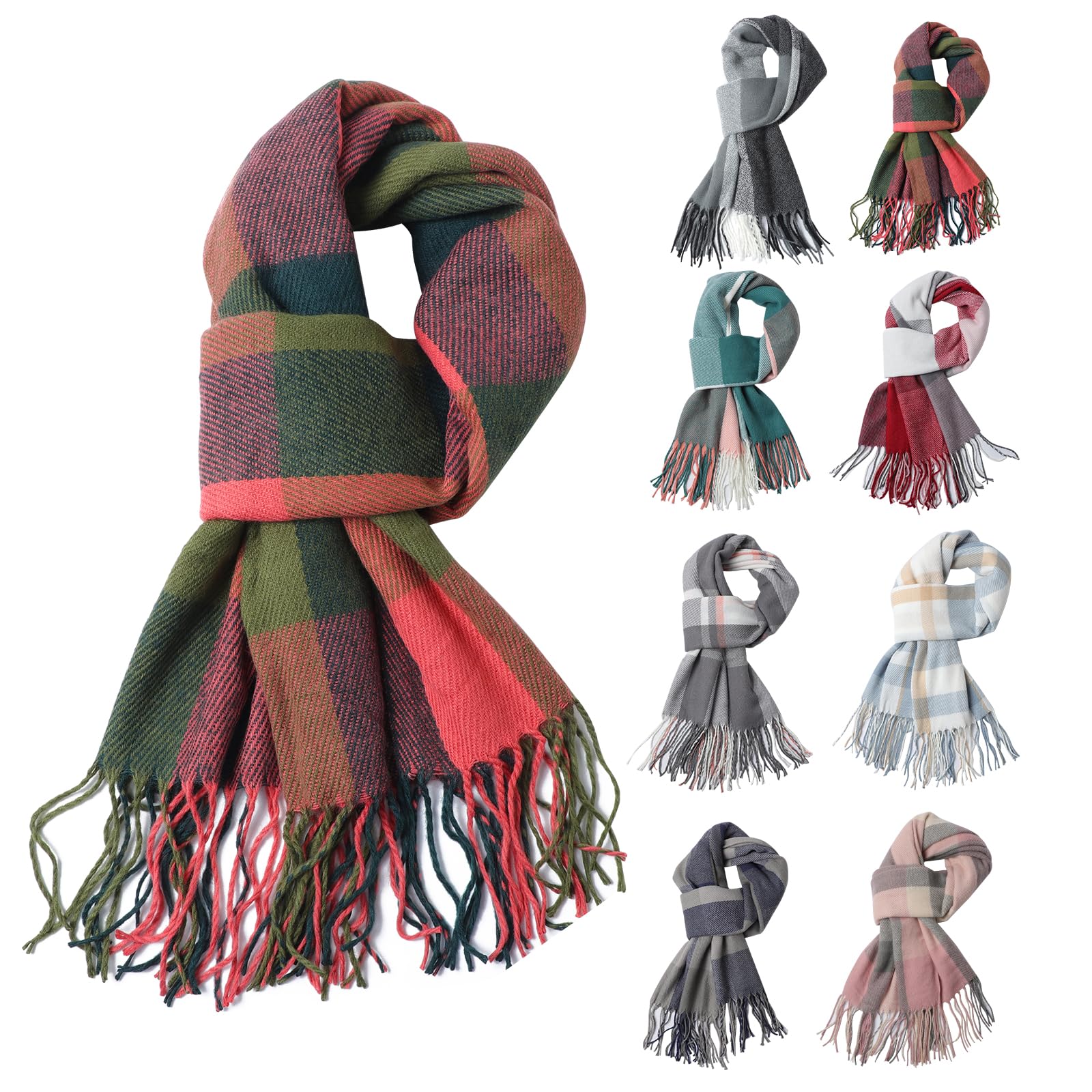 Fjquamitix Women's Blue + Green + Pink Tartan Cashmere Scrarf, Scarves Wraps Winter Long Soft Warm Tassel Shawls Stole Gifts For (Blue + Green + Pink)