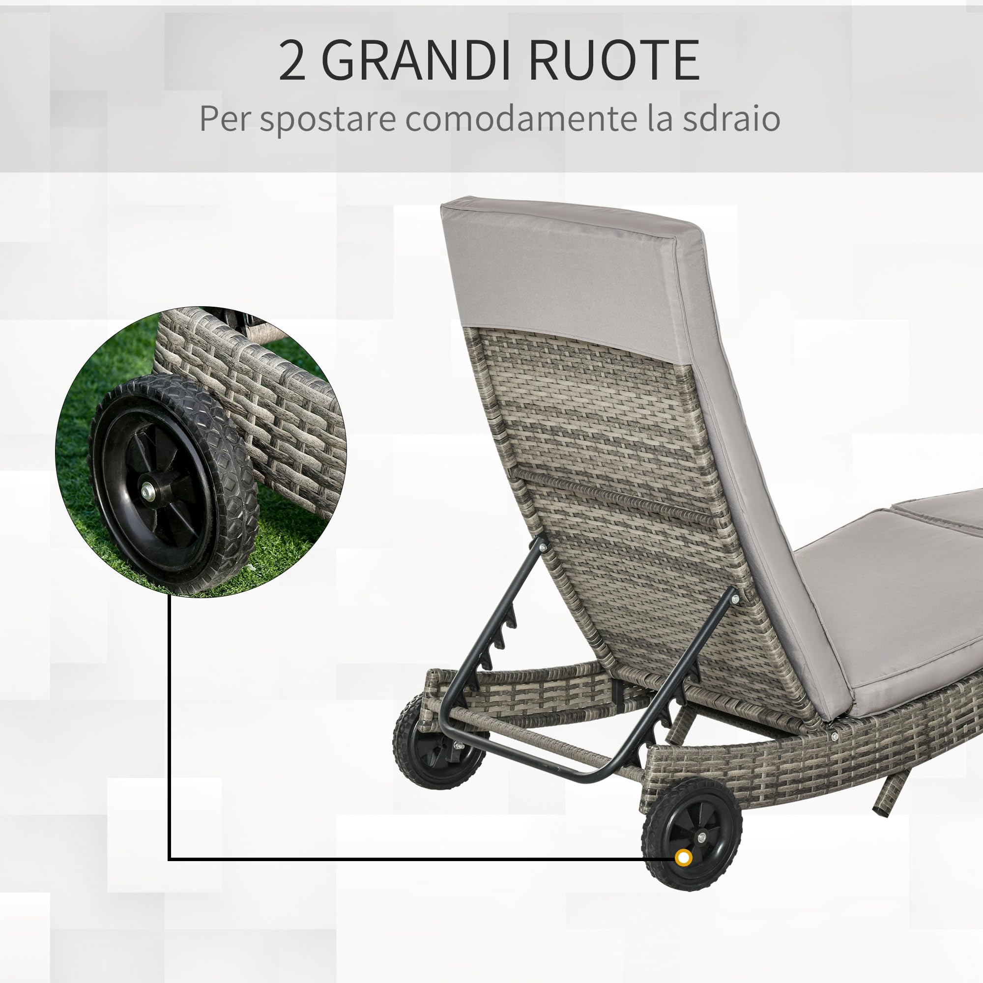 Outsunny Sdraio da Giardino in Rattan PE Lettino 207x70x70cm Grigio