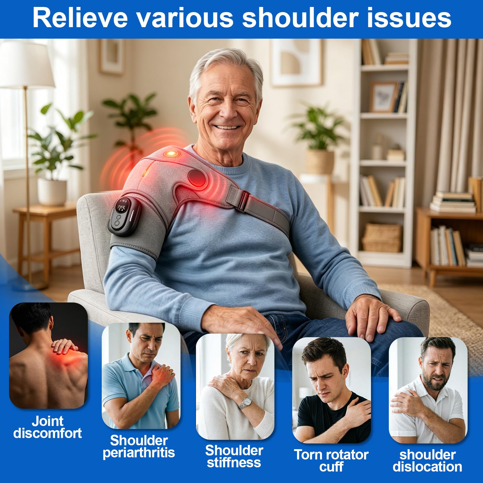 Masseur d'épaule, bandage d'épaule avec 5 niveaux de chaleur et 5 modes de vibration, appareil de massage d'épaule portable avec batterie 5000 mAh, avec télécommande, bandoulière réglable pour gauche