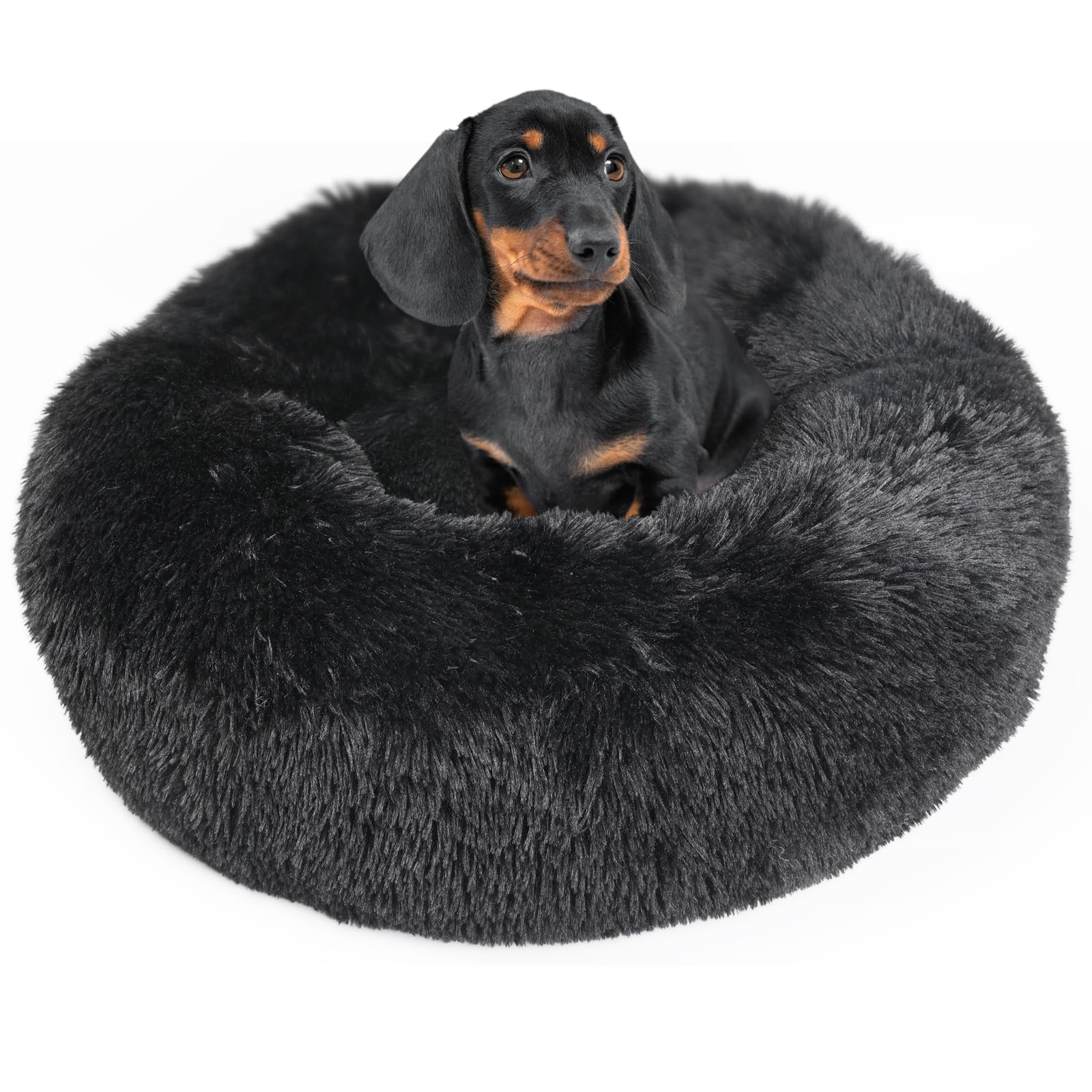 dog beds for medium dogs washable calming bed for dogs 28 inches black fluffy and soft dog bed calm and anti anxiety faux fur round medium sized pet bed for dog
