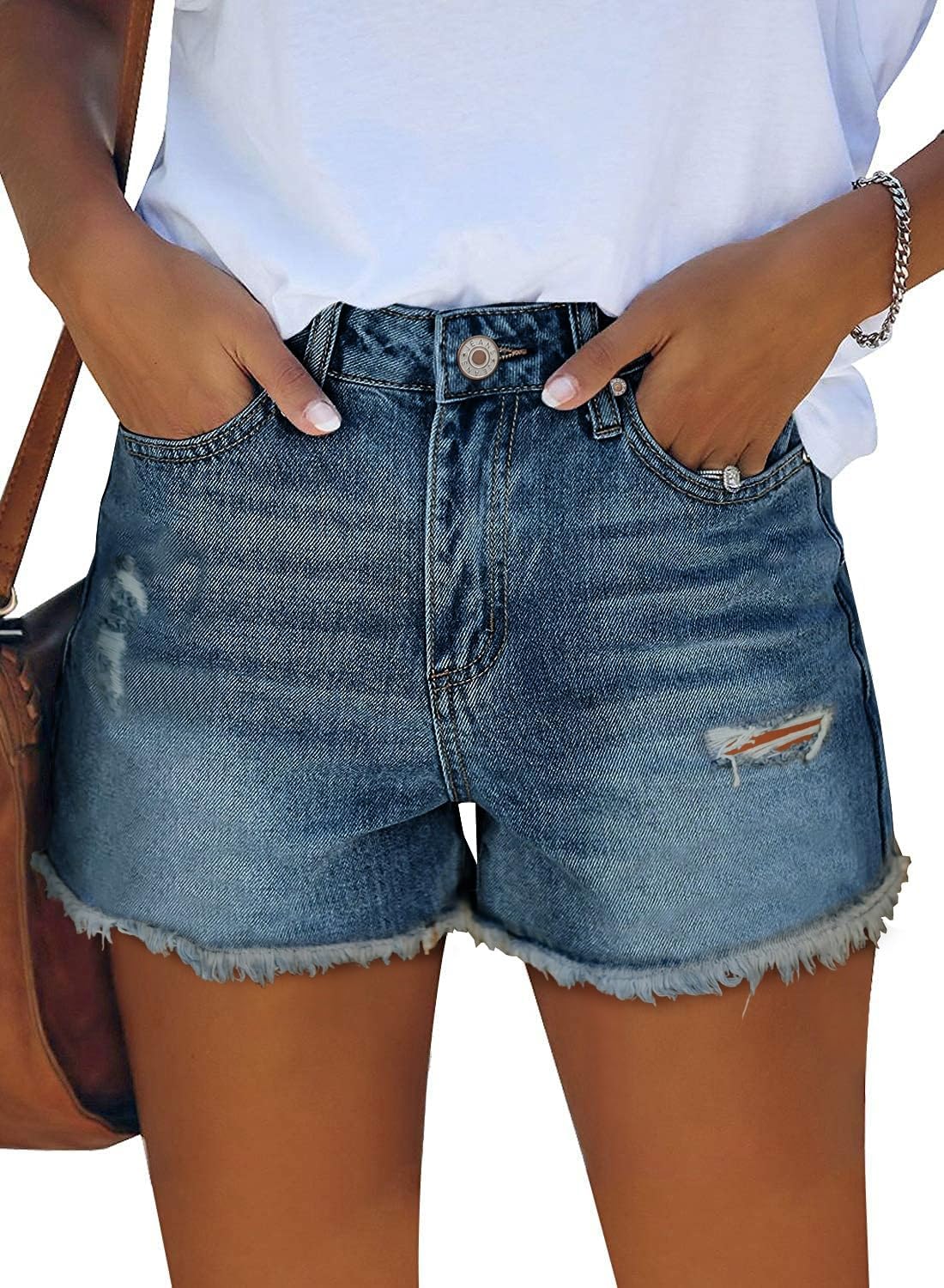 onlypuff Jean Shorts for Women Frayed Cut Off Denim Short High Waisted Ripped Distressed Mid Rise Trendy Summer Outfits