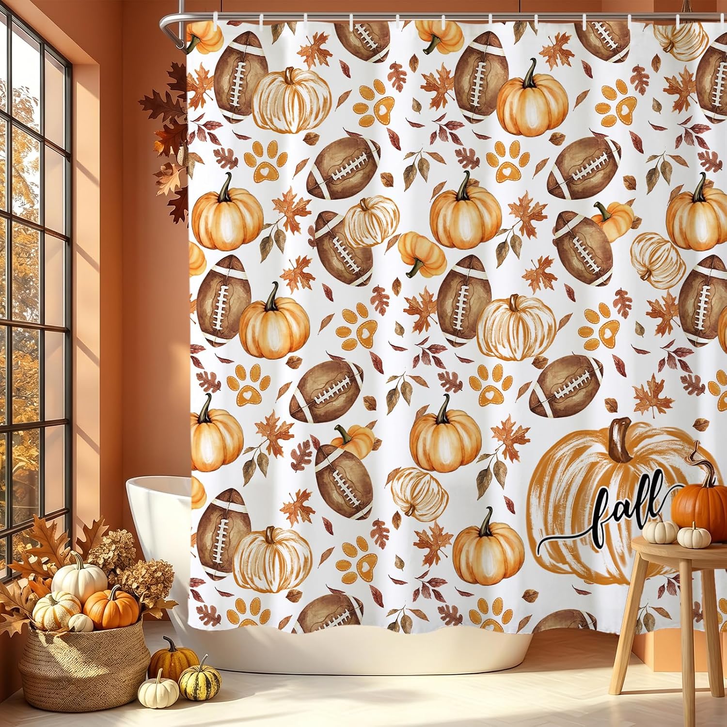 Baccessor Football Pumpkin Fall Shower Curtain 72x72 Inch