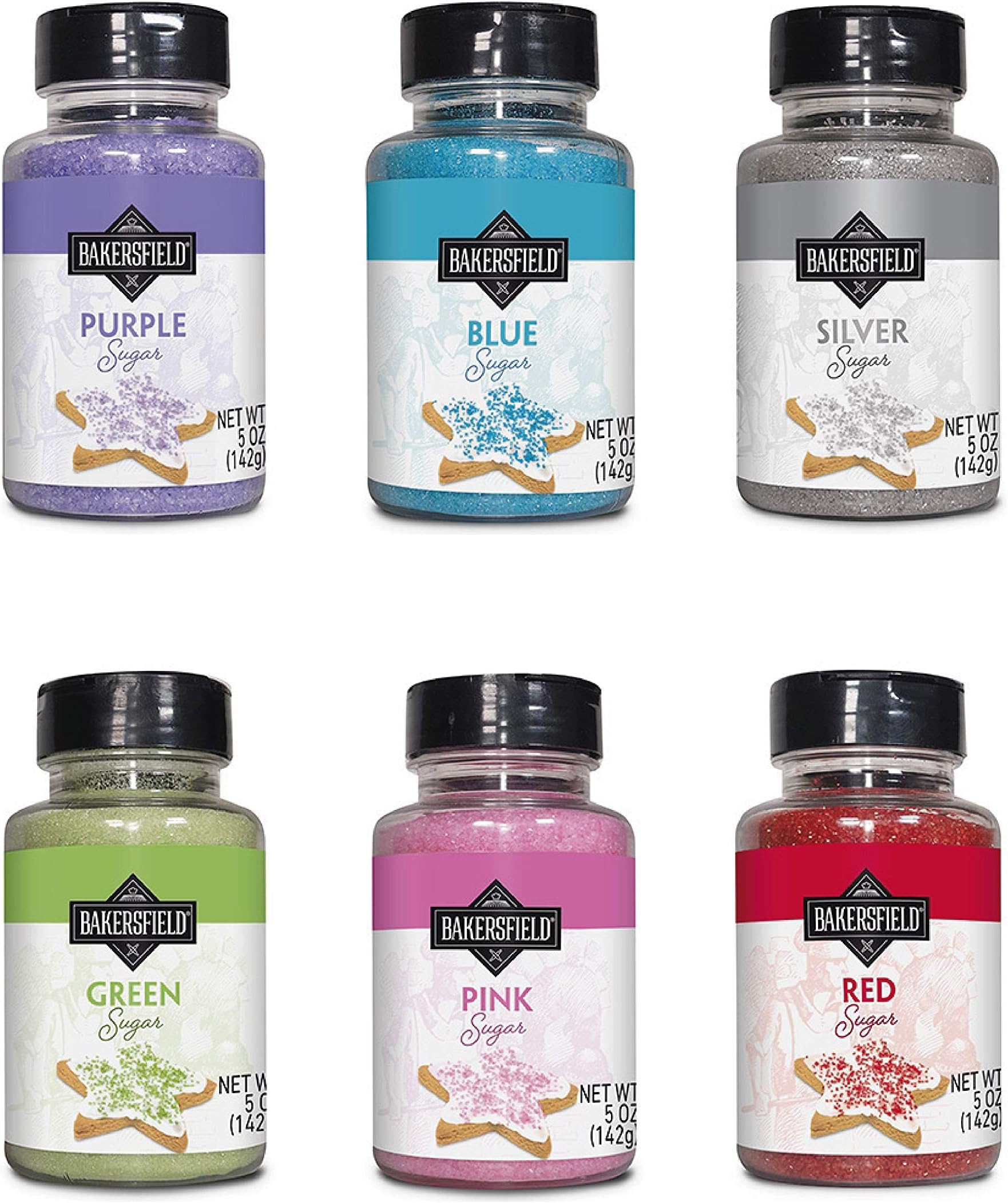 Set 6 Bakersfield Gourmet Colored Sugar Each bottle contains 5 oz - 1 Red, 1 Pink, 1 Blue, 1 Silver, 1 Purple 1 Green.