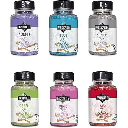 Set 6 Bakersfield Gourmet Colored Sugar Each bottle contains 5 oz - 1 Red Sugar 1 Pink Sugar 1 Blue Sugar 1 Silver Sugar 1 Purple Sugar & 1 Green Sugar.