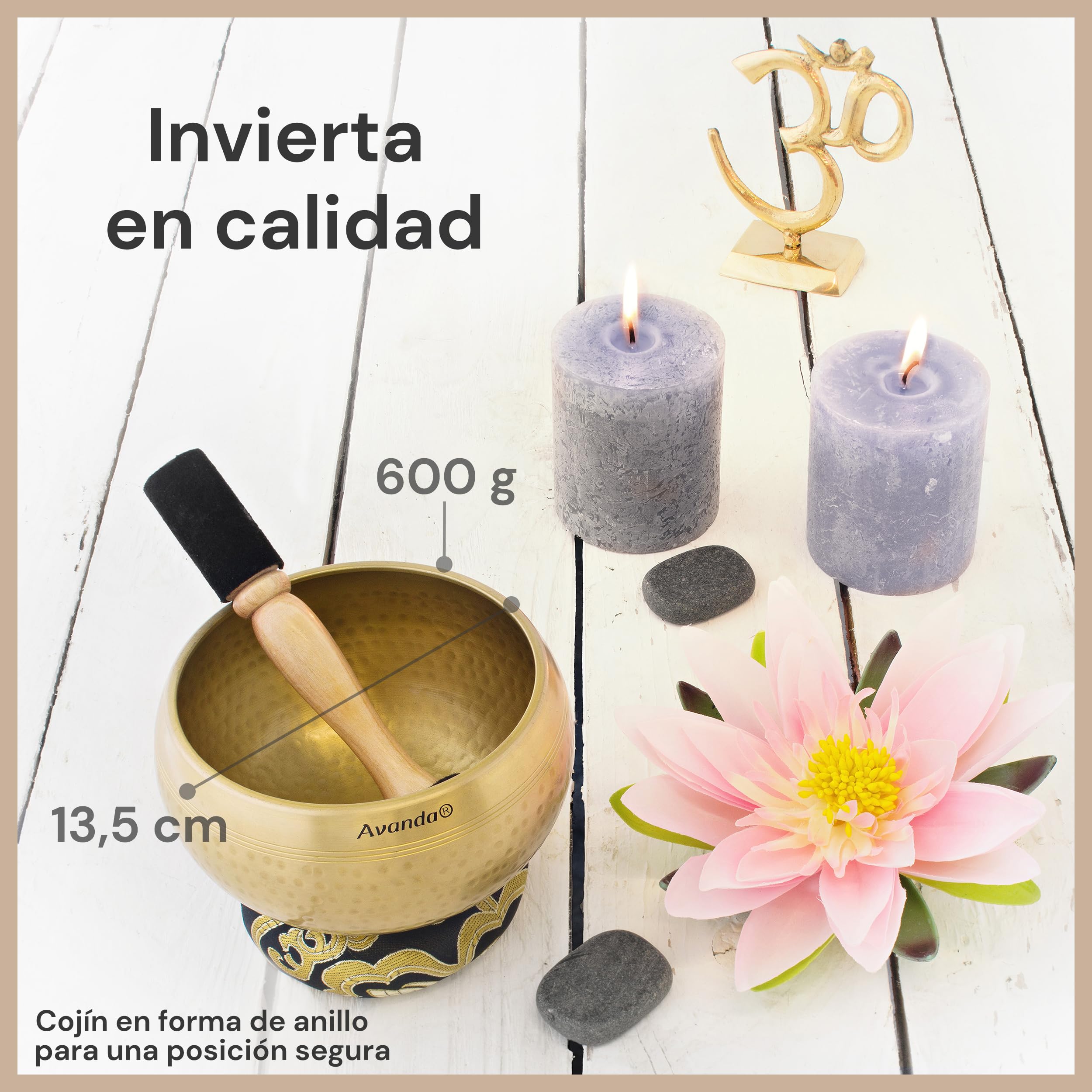 Juego de Cuenco Tibetano para Yoga, Meditación y Relajación - Cuenco Tibetano Martillado Ø 13,5 cm, Mazo Doble con Fieltro y Cuero, Cojín Anular, Bolsa e Instrucciones