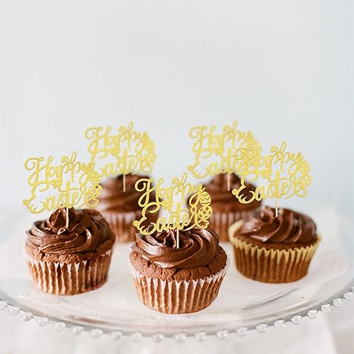 Miniatura 5 de Paquete de 24 adornos dorados para cupcakes con purpurina Happy Easte, orejas de conejo, decoración de huevos de Pascua, para conejito con temática