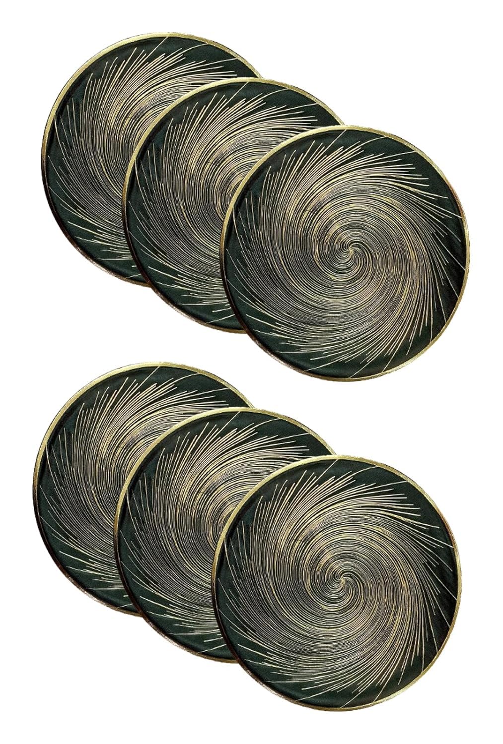 Round Gold Swirl PVC Waterproof Metallic Embossed Table Mats | Easy to Clean | Bedside Tables Dining Tables Center Tables | Shelves Farm Mats - Set of 6 (Black)
