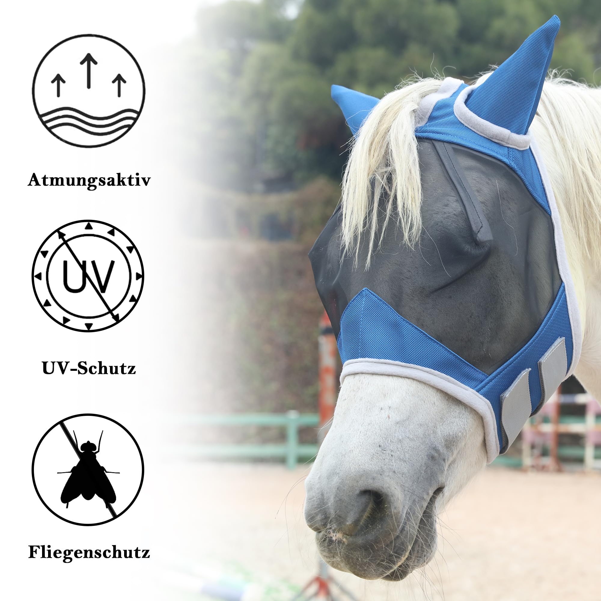 Maschera Antimosche Cavallo, Antimosche Cavallo con Protezione per le Orecchie, rete Traspirante, Anti-UV