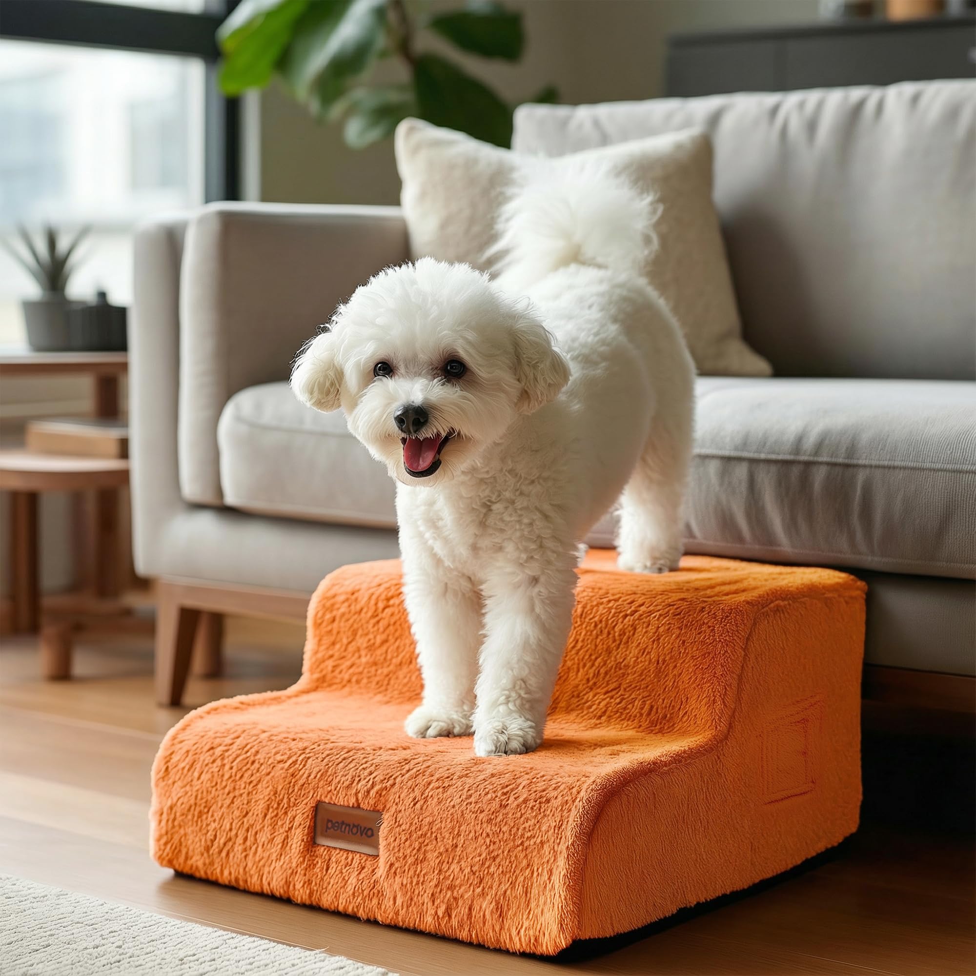 Escalier pour chien 3 marches PETNOVO en peluche orange pour canapé