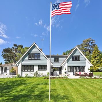25FT Flag Pole Kit, Durable Heavy Duty Sectional Aluminum Extra Thick Outdoor In-Ground Flagpole, Flag Pole Kit with Golden Ball Topper for Residential Commercial Outdoor Garden Silver B