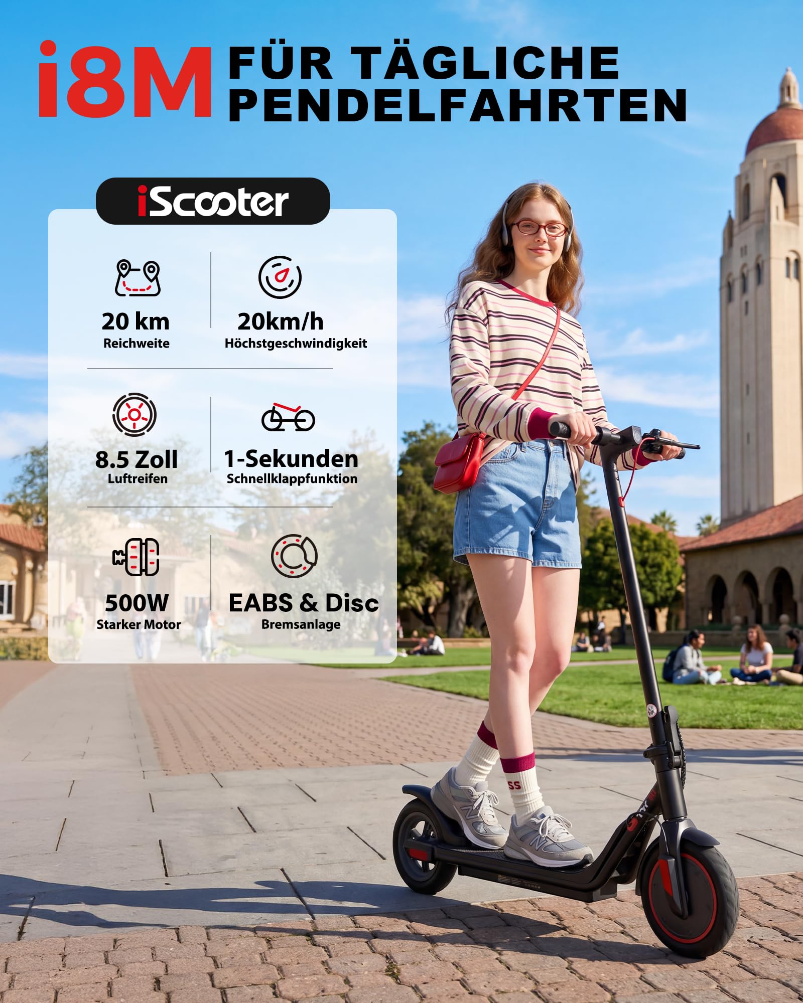 E Scooter mit Straßenzulassung 500W Motor Max 20 km Reichweite 20 km/h, ABE Faltbarer E Roller mit 8.5 Zoll Luftreifen, Leicht Tragbar Elektroroller für Erwachsene und Jugendliche