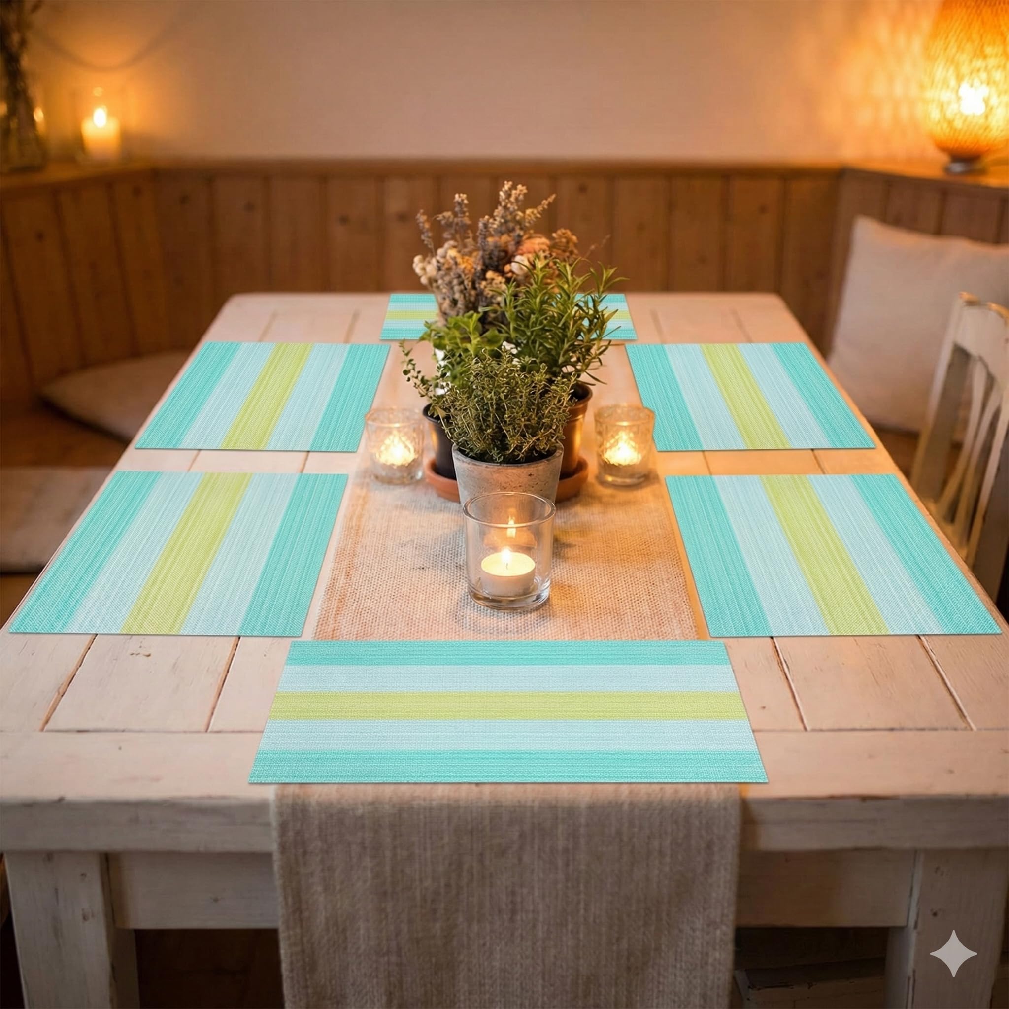 YELONA Placemats Set of 6, Heat-Resistant Woven Vinyl Table Mats, Non-Slip & Washable Dining Tablemats for Kitchen & Dinner Decor, Light Blue (45cm x 30cm)