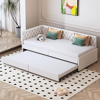 Day Bed Extendable 90 x 200 cm Sofa Bed Upholstered Bed Extendable with Guest Bed Velvet Fabric Bed Extendable Sofa Bed with Slatted Frame for Adults 2 People without Mattress Beige B