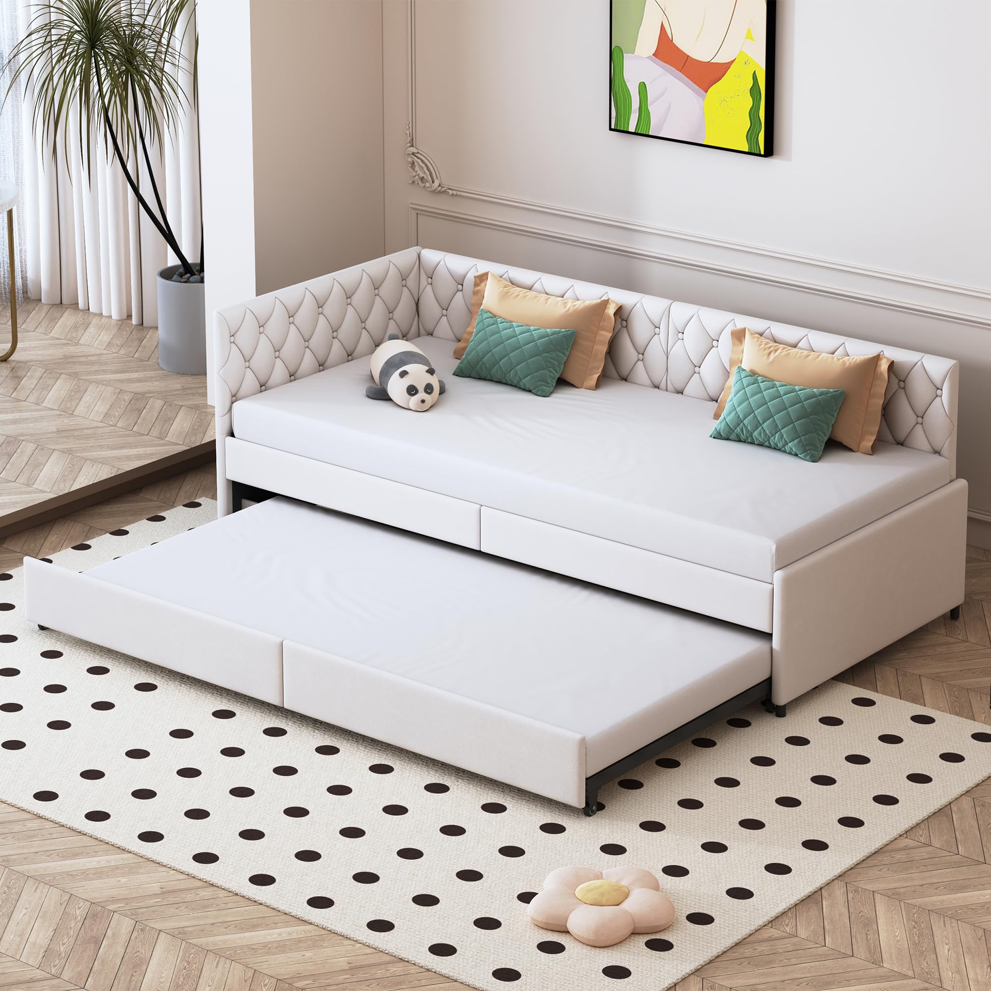 Sofá cama de 90 x 200 cm, sofá cama multifuncional con cama nido, sofá cama doble con somier, terciopelo, sin colchón (beige B, 90 x 200 cm)