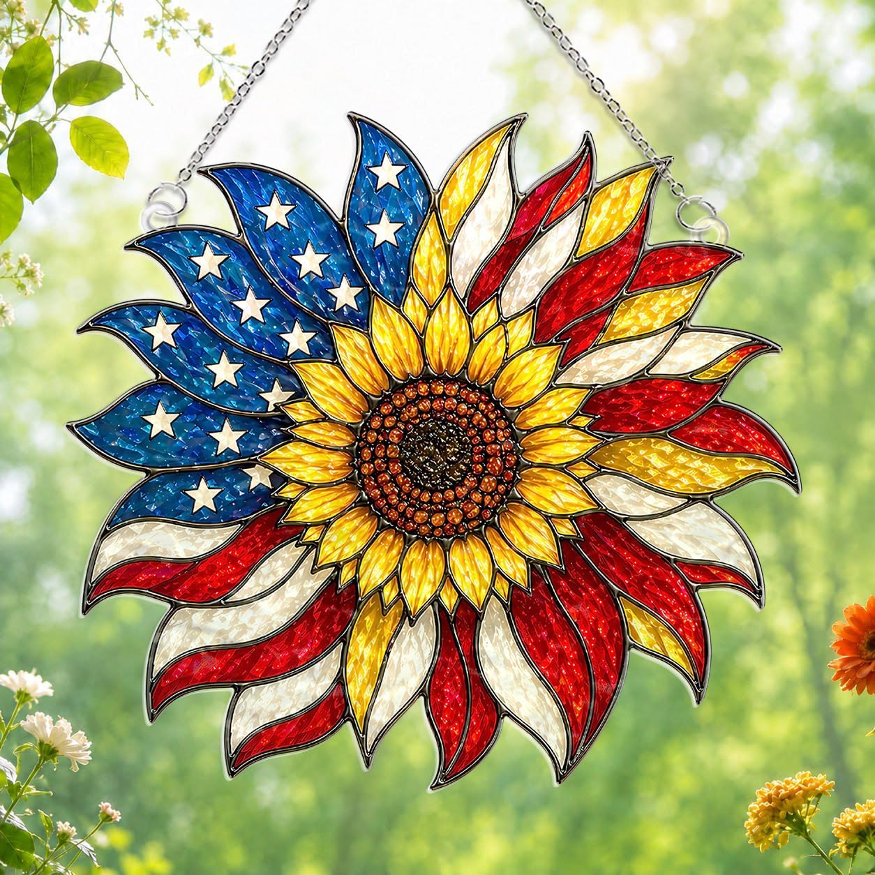 250th Anniversary USA Suncatcher - (8 Inches) Sunflower Wavy Acrylic Stained Glass Suncatcher Window Hanging, Independence Day 4th of July Decorations for Home Garden, 2026 Patriotic